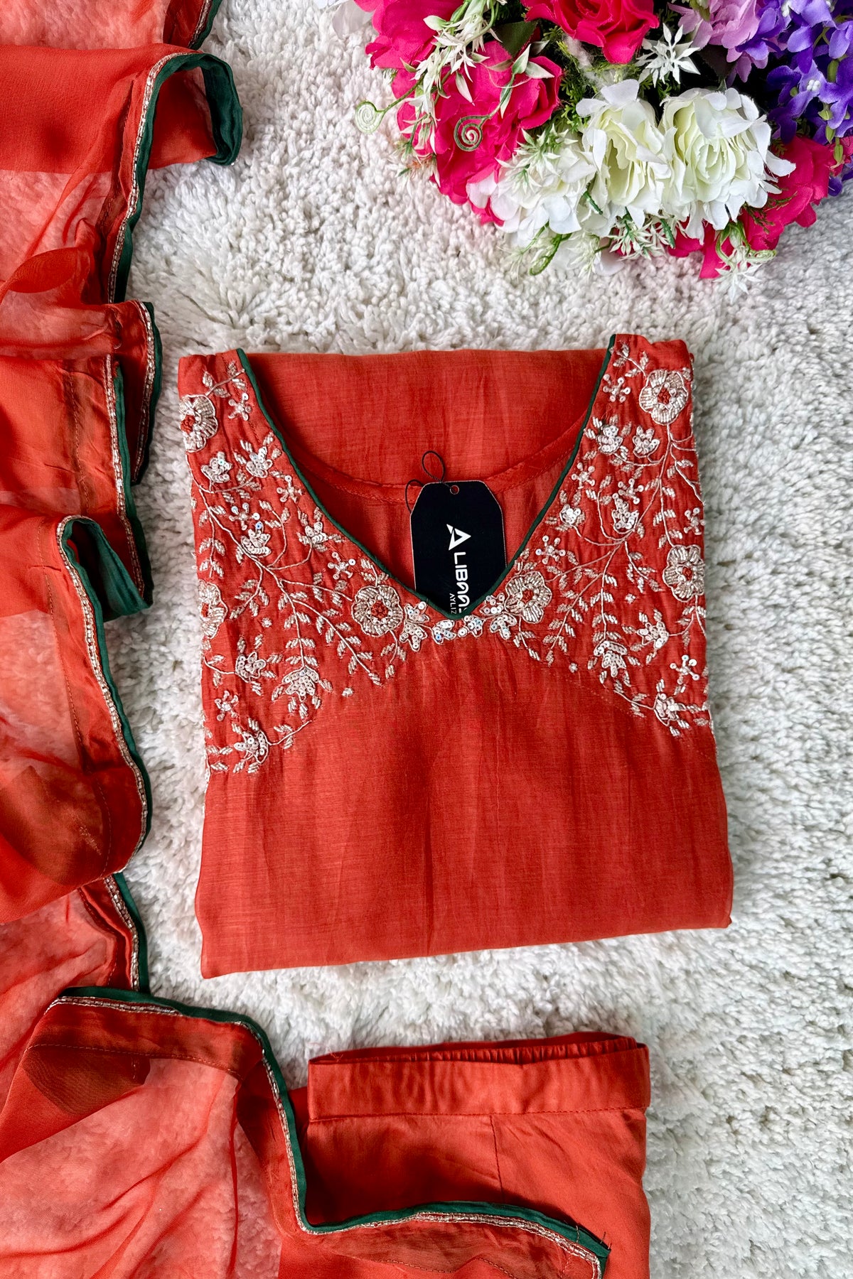 ✨Myra - Premium Orange Mul Chanderi A-Line Anarkali Kurta set