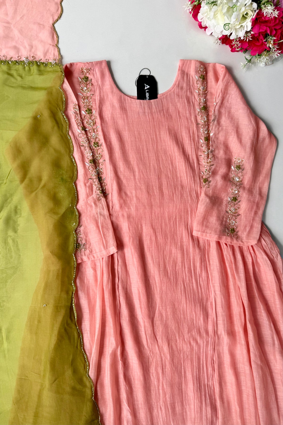 ✨ Princi- Premium Coral Rose Mul Chanderi Anarkali Kurta Set