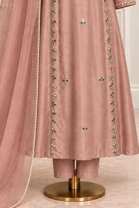 ✨Pearl – Premium Blush Mirror Work Tissue A Line Kurta Sets
