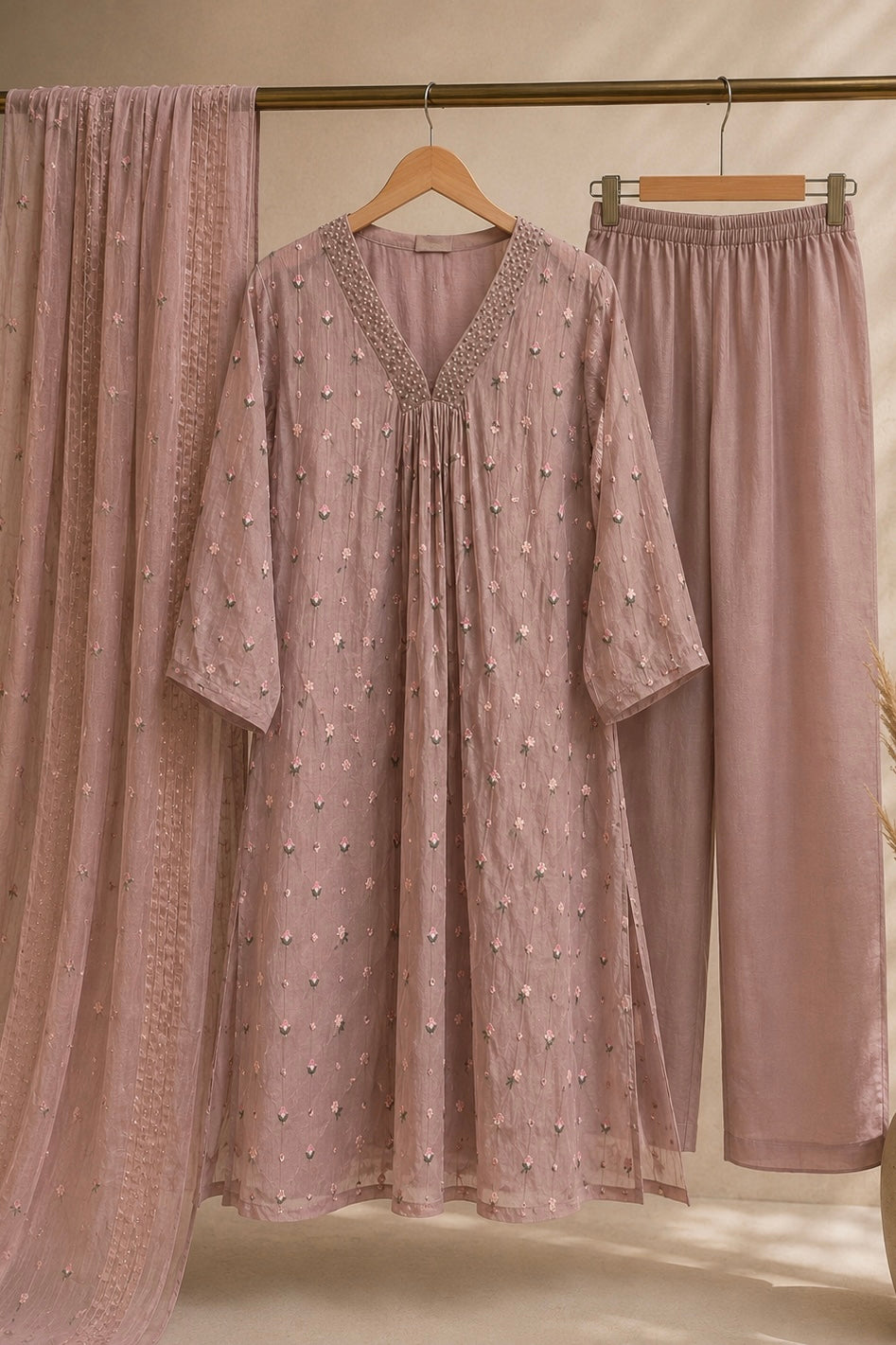 ✨”Aafiya – Premium Mul Chanderi Floral Handwork A-Line Kurta Set