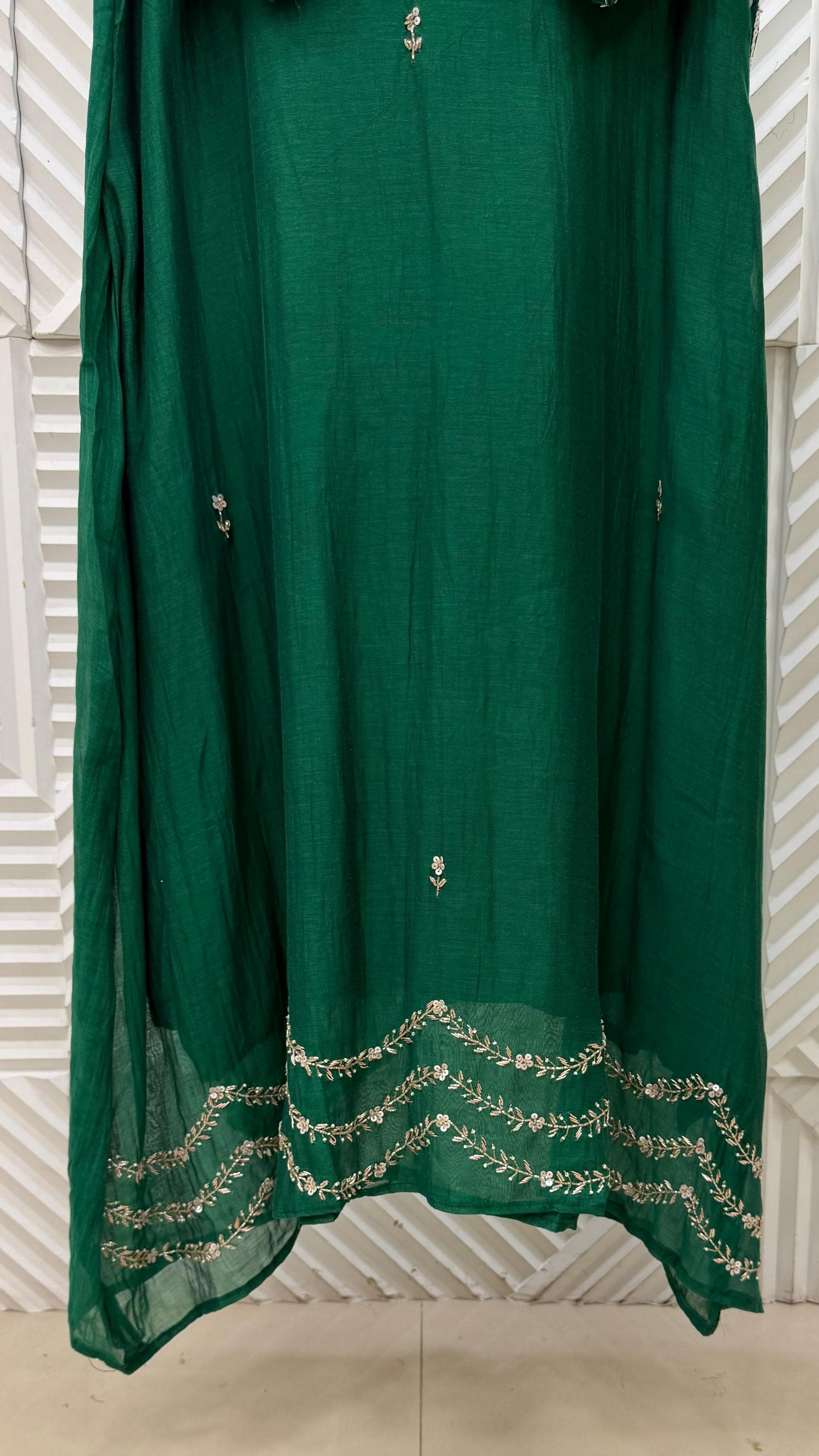 ✨”Eshal - Premium Green Mul Chanderi A-Line Kurta Set