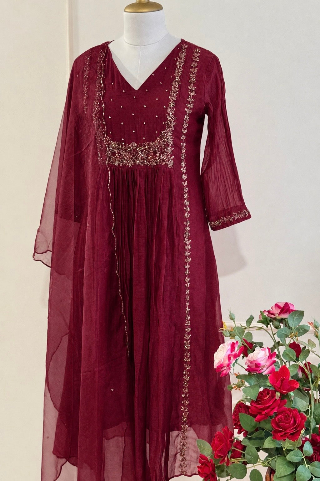 “Ayza” Premium Maroon Mul Chanderi A Line Suit set 🛍️