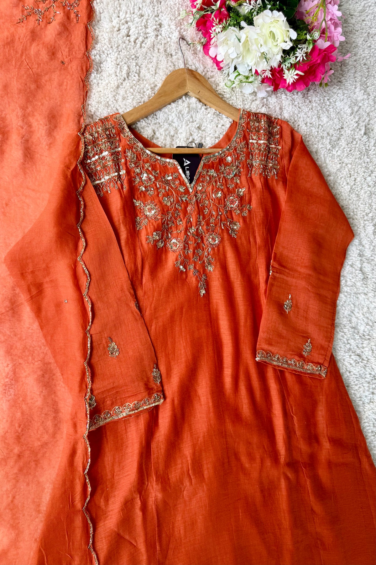 ✨Daisy - Premium Ornage Mul Chanderi A-Line Anarkali Kurta set