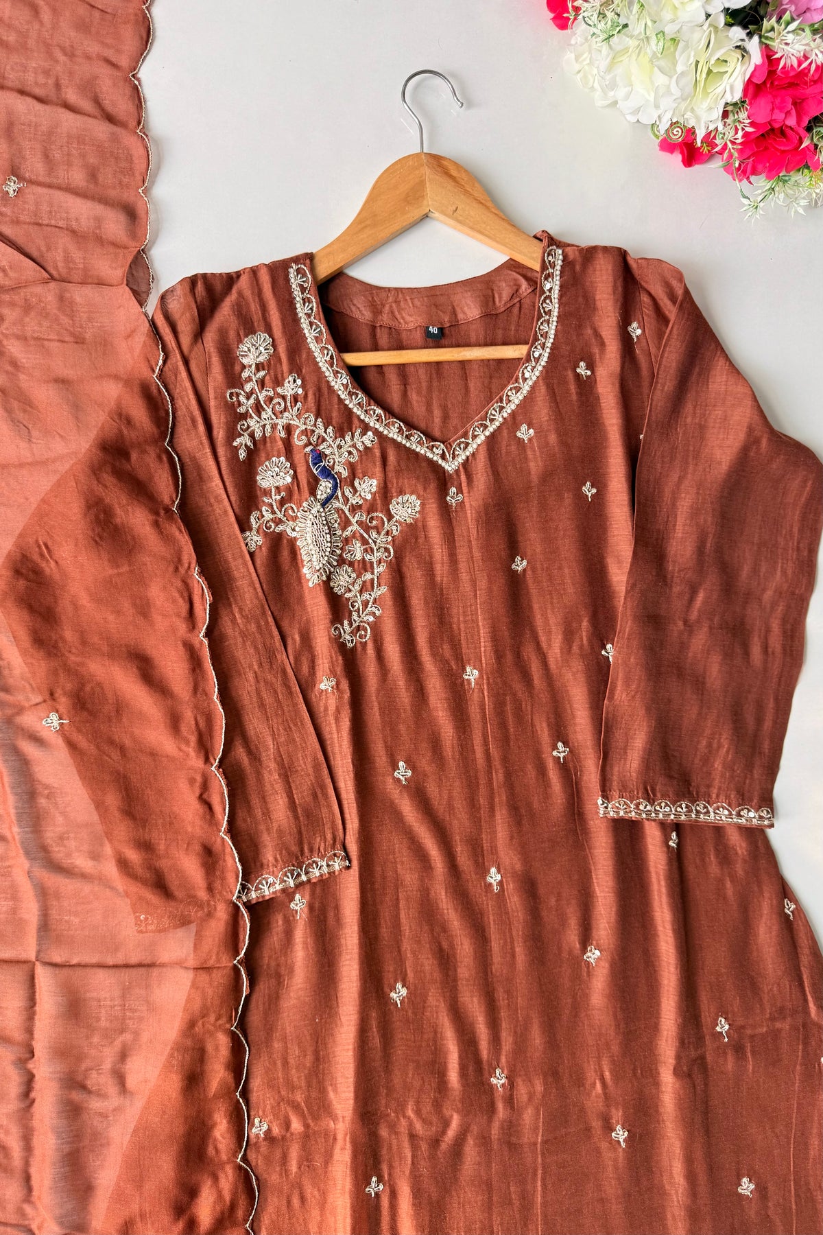 ✨”Nora - Premium Chocolate Brown Mul Chanderi A Line Kurta Set