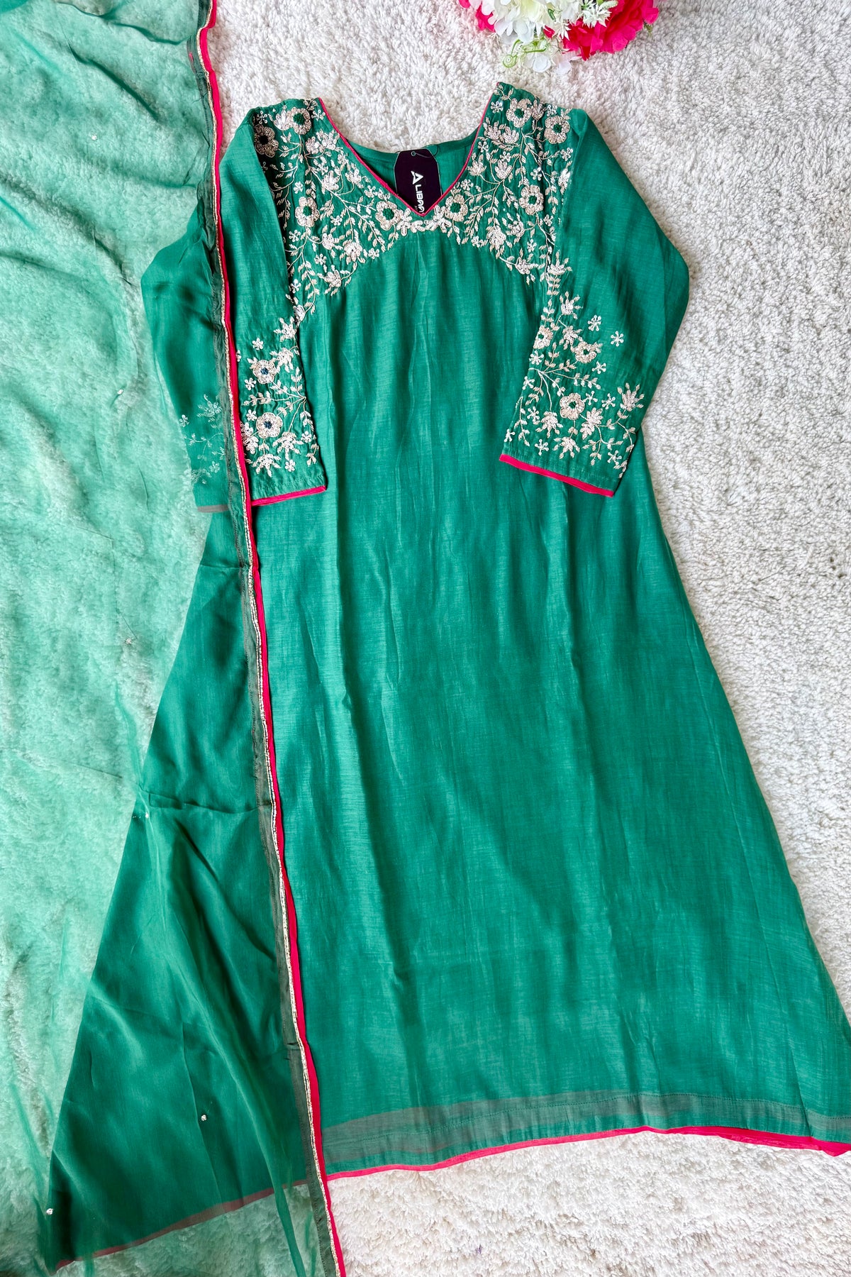 ✨Myra - Premium Green Mul Chanderi A-Line Anarkali Kurta set