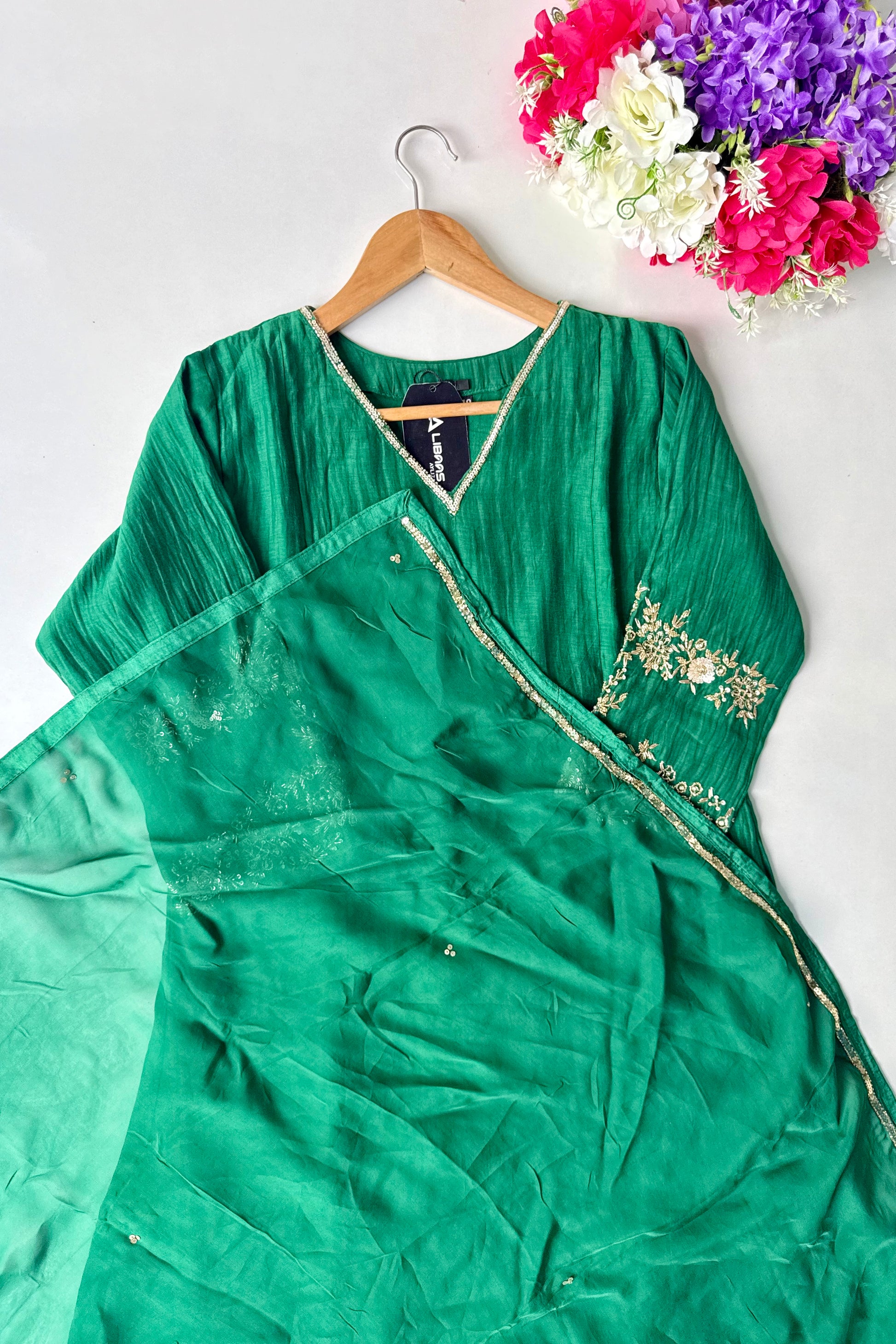 ✨”Amaya - Premium Green Mul Chanderi A-Line Kurta Set