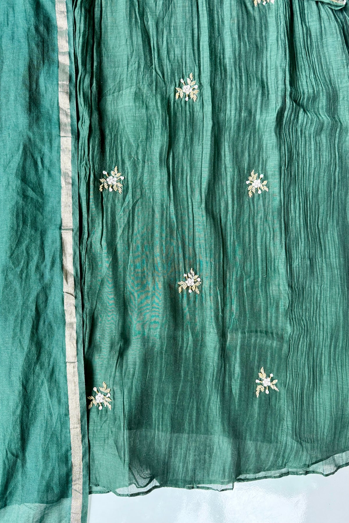 ✨Zoe - Premium Bottle Green Mul Chanderi A Line Kurta Set ✨