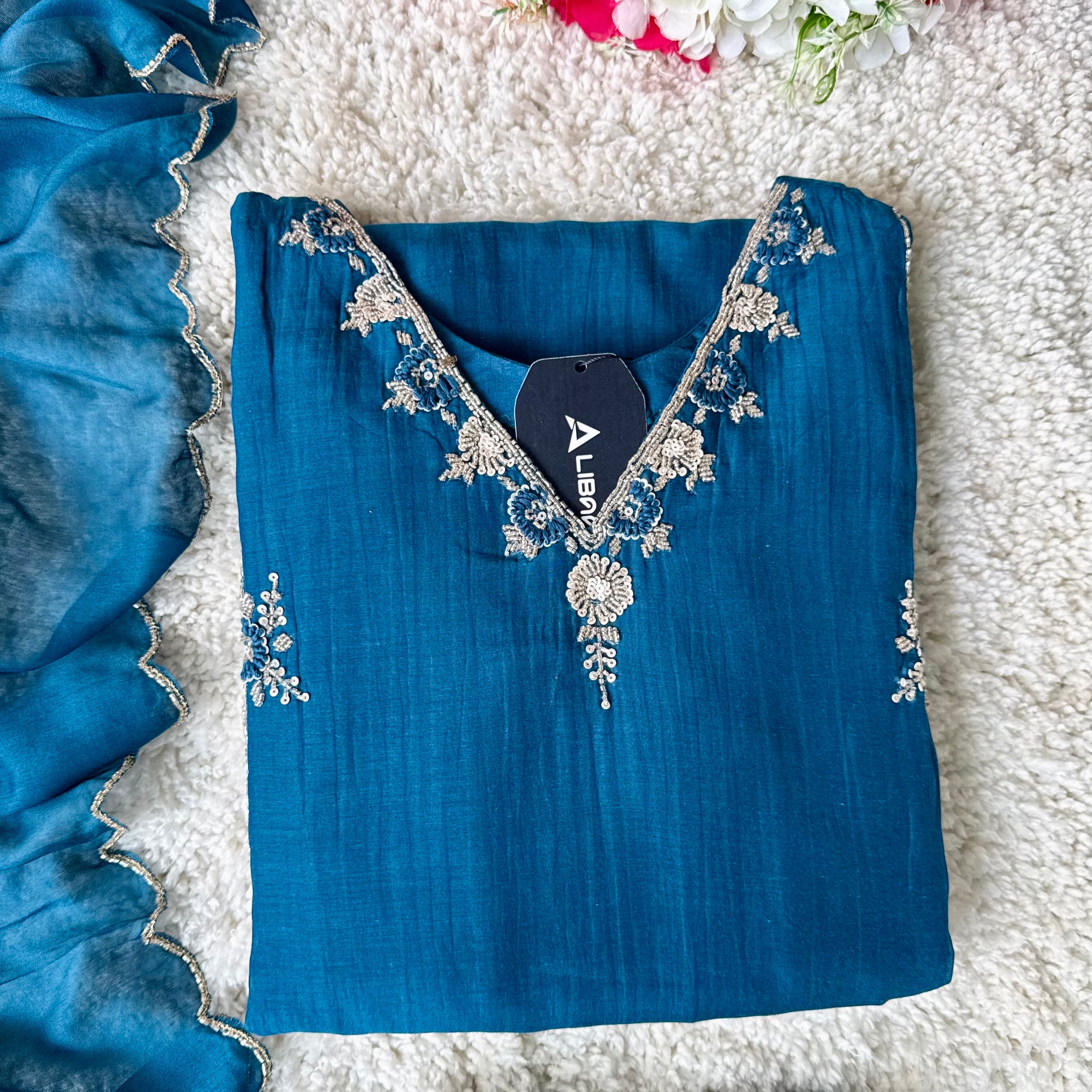 ✨ Daisy - Premium Blue Mul Chanderi A-Line Anarkali Kurta set
