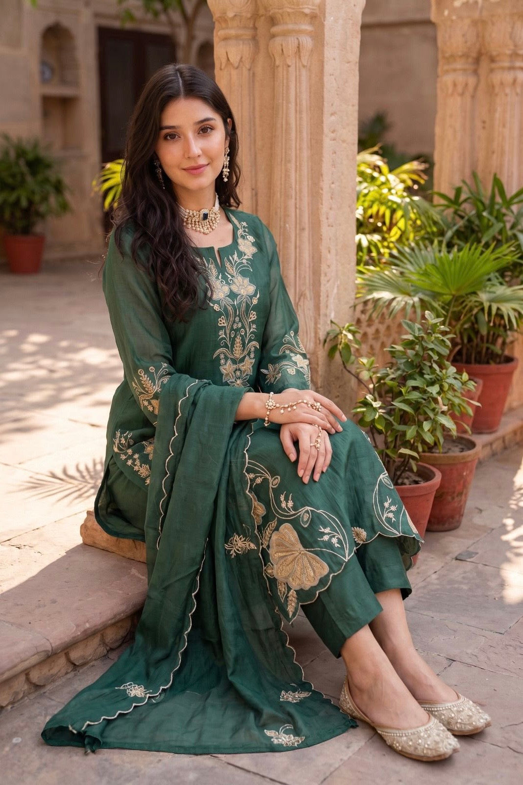 ✨Navira - Green Banaras mul chanderi Embroidered Straight Kurta Set