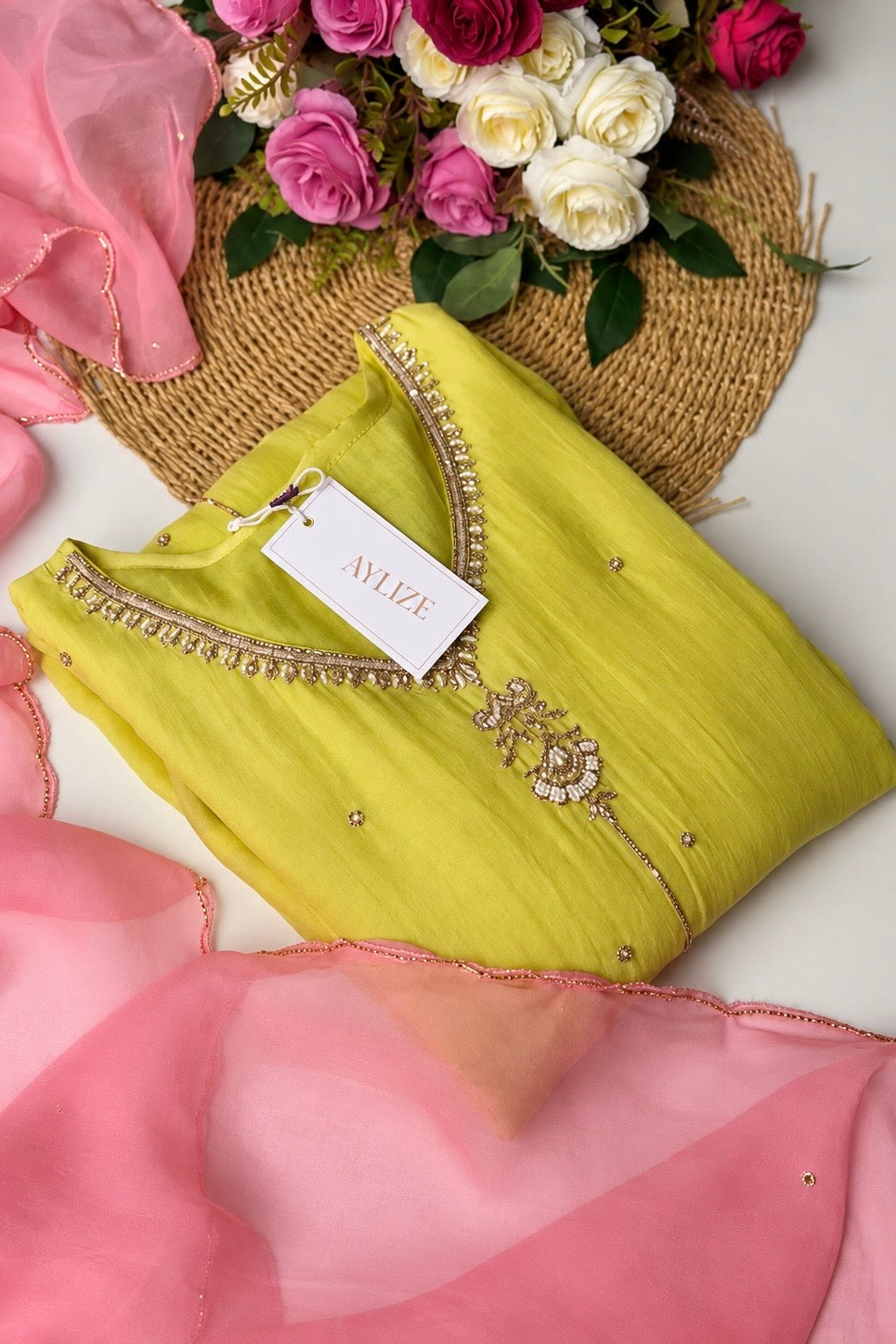 🛍️ Chandni - Lime Green Mul Chanderi A Line Suit set