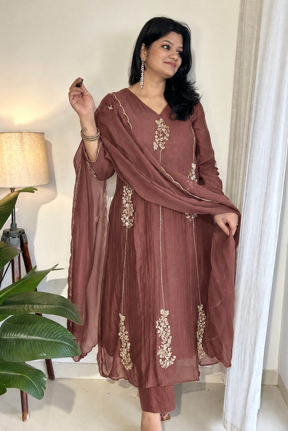 ✨”Rida - Premium Rose Brown Mul Chanderi A-Line Kurta Set 🍂
