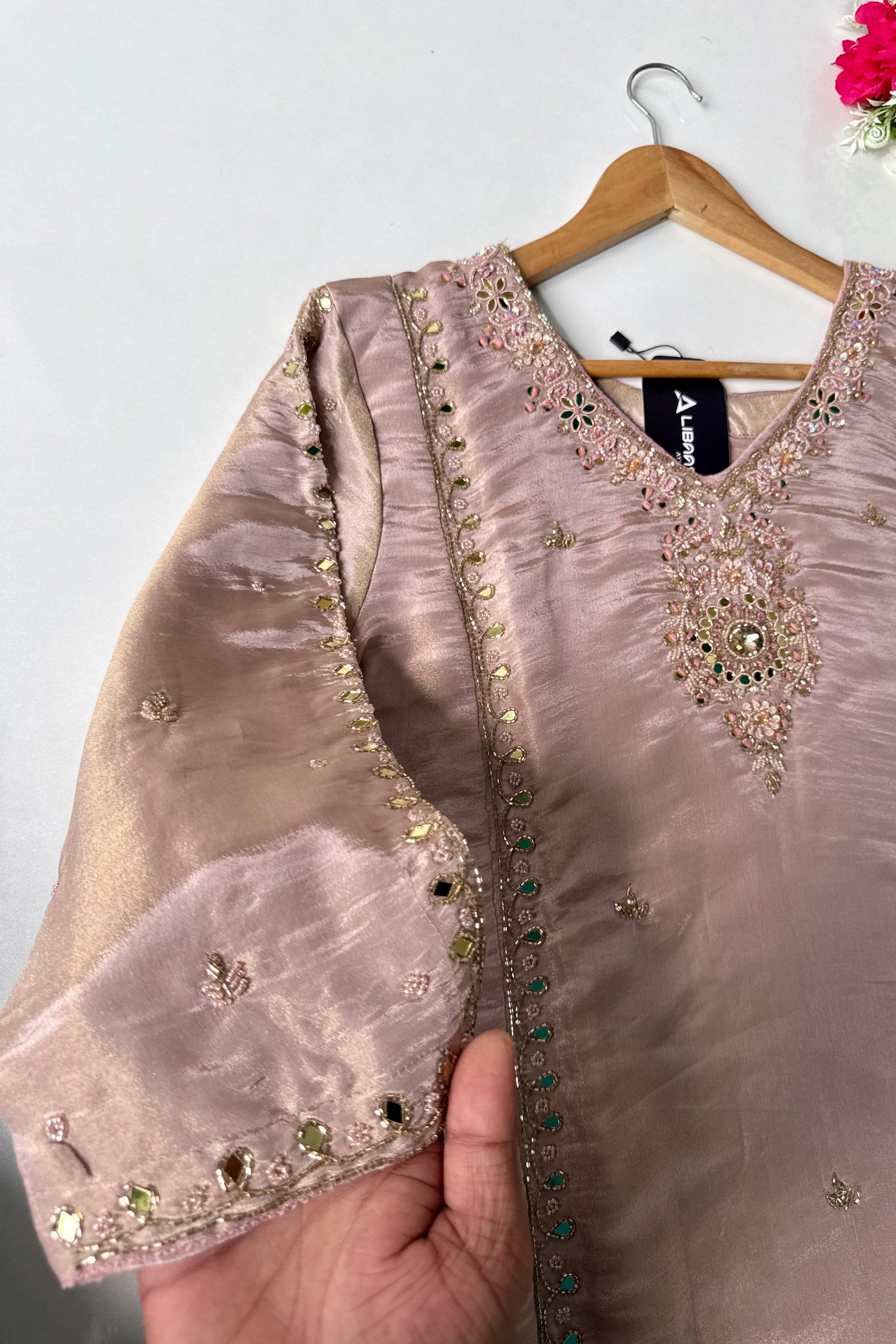 ✨Pearl – Premium Blush Mirror Work Tissue A Line Kurta Set