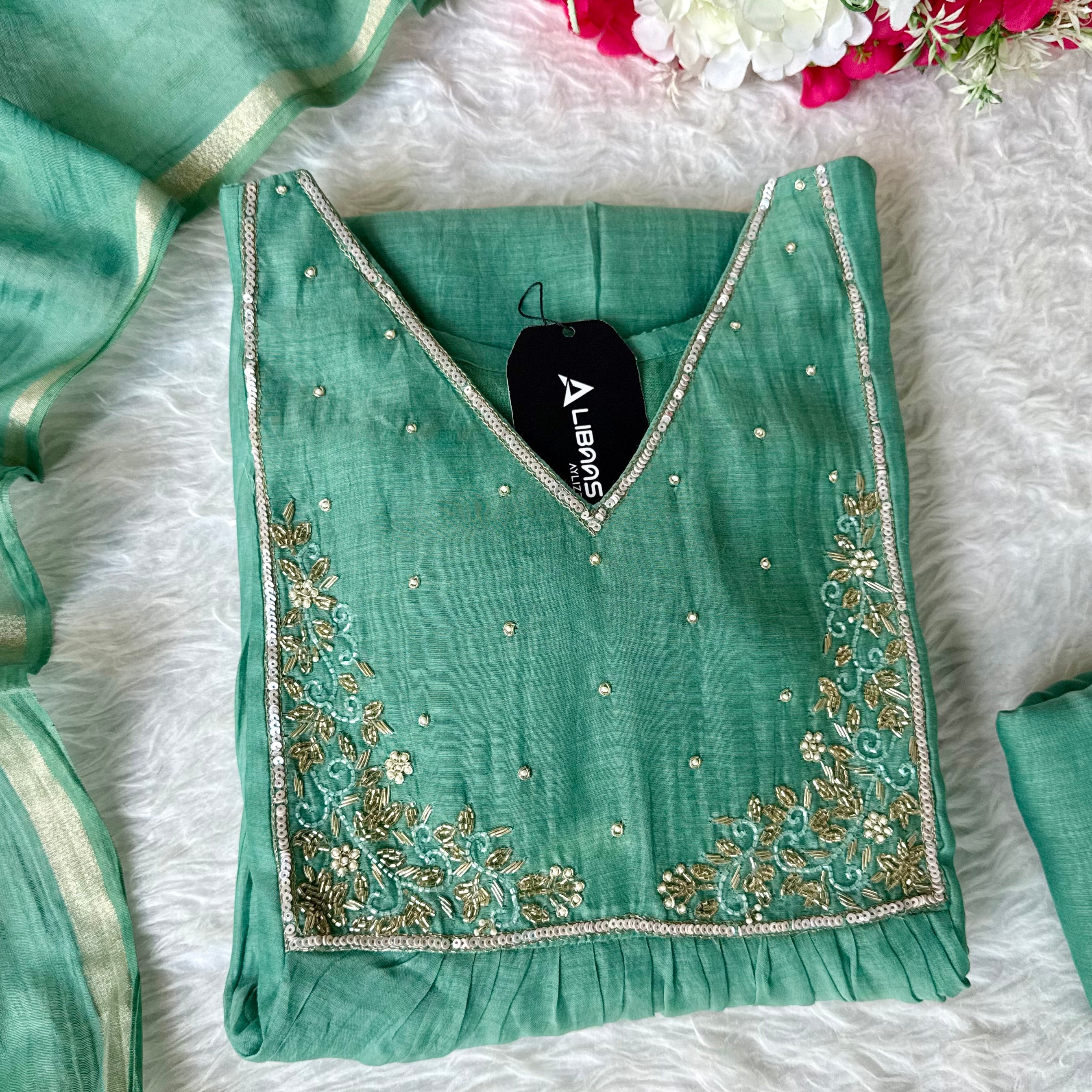 ✨ Gulnoor – Green Mul Chanderi A-Line Kurta Set with Dupatta