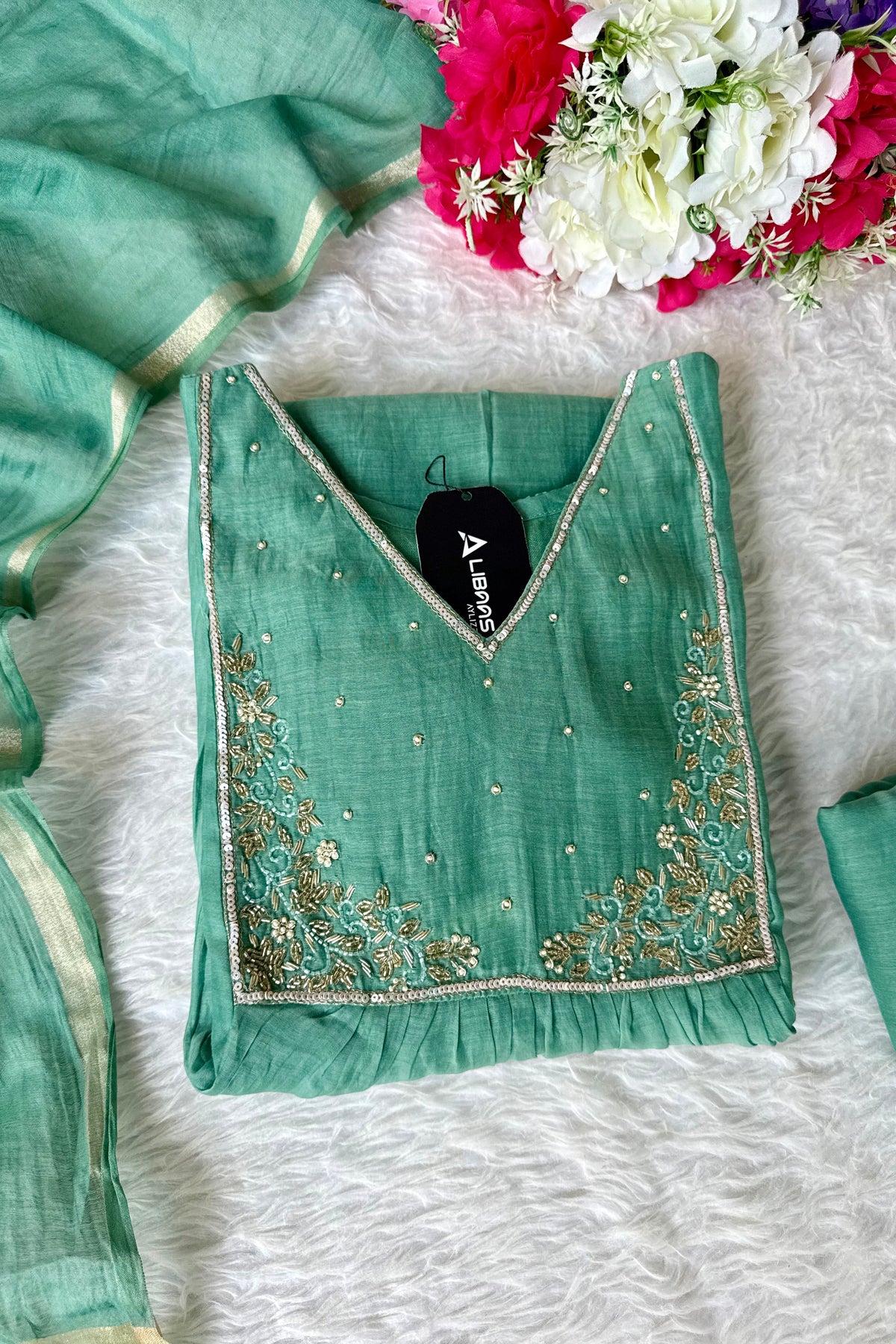 ✨ Gulnoor – Green Mul Chanderi A-Line Kurta Set with Dupatta