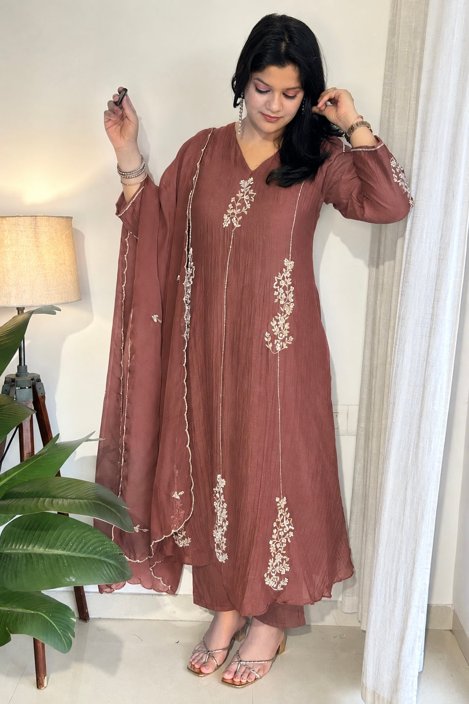 ✨”Rida - Premium Rose Brown Mul Chanderi A-Line Kurta Set 🍂