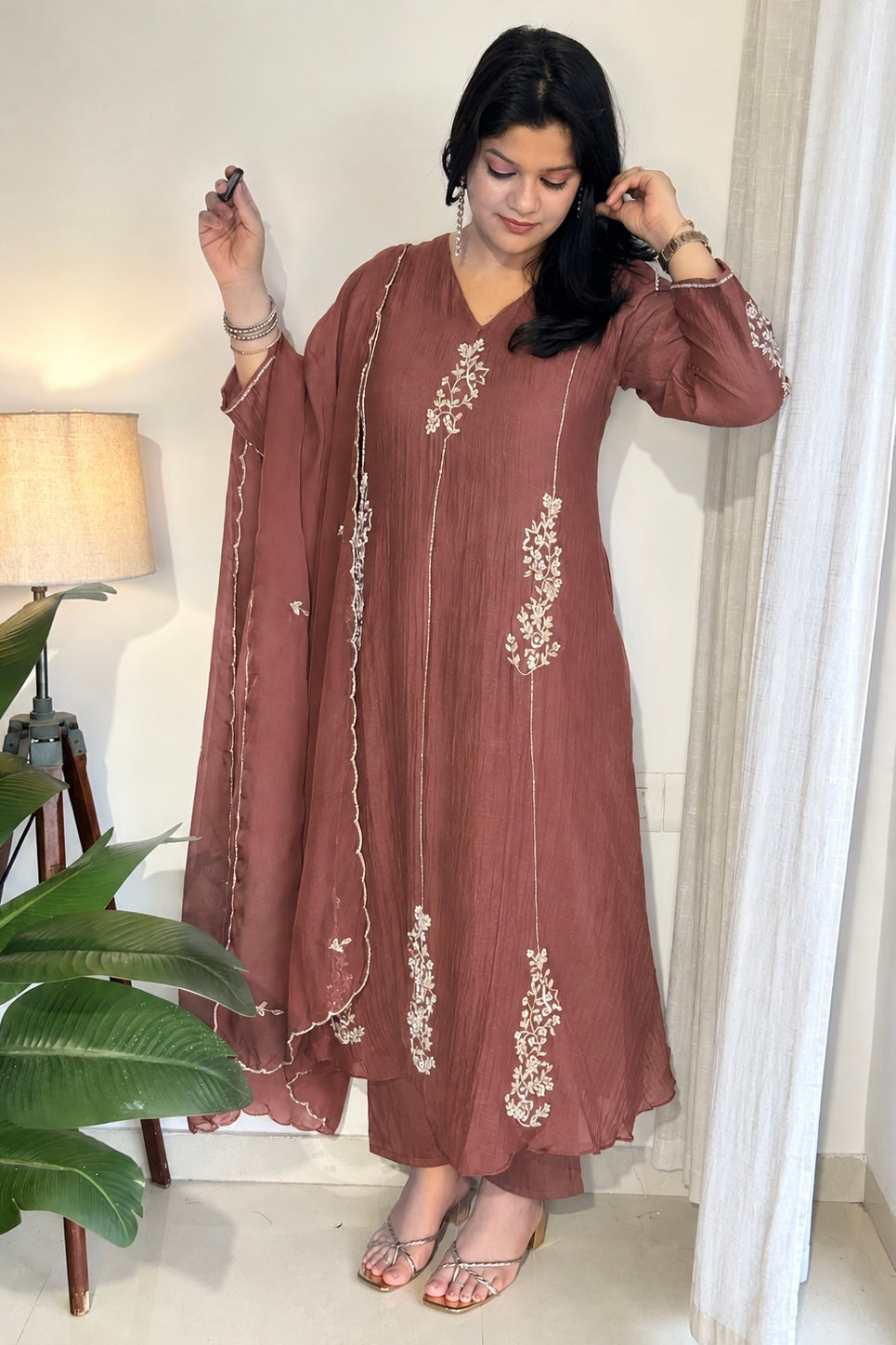 ✨”Rida - Premium Rose Brown Mul Chanderi A-Line Kurta Set 🍂