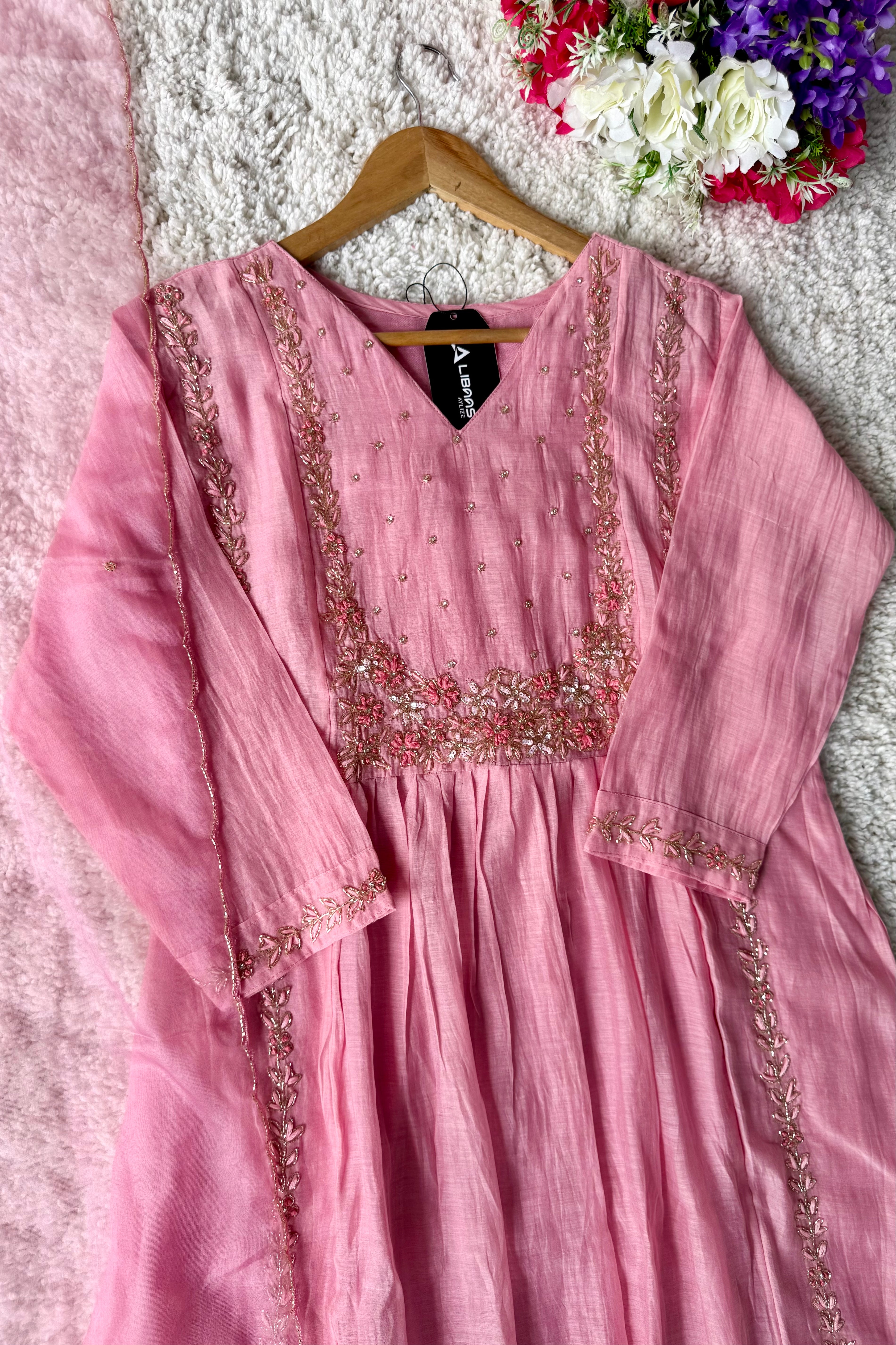 “Ayza” Premium Blush Rose Pink  Mul Chanderi A Line Suit set