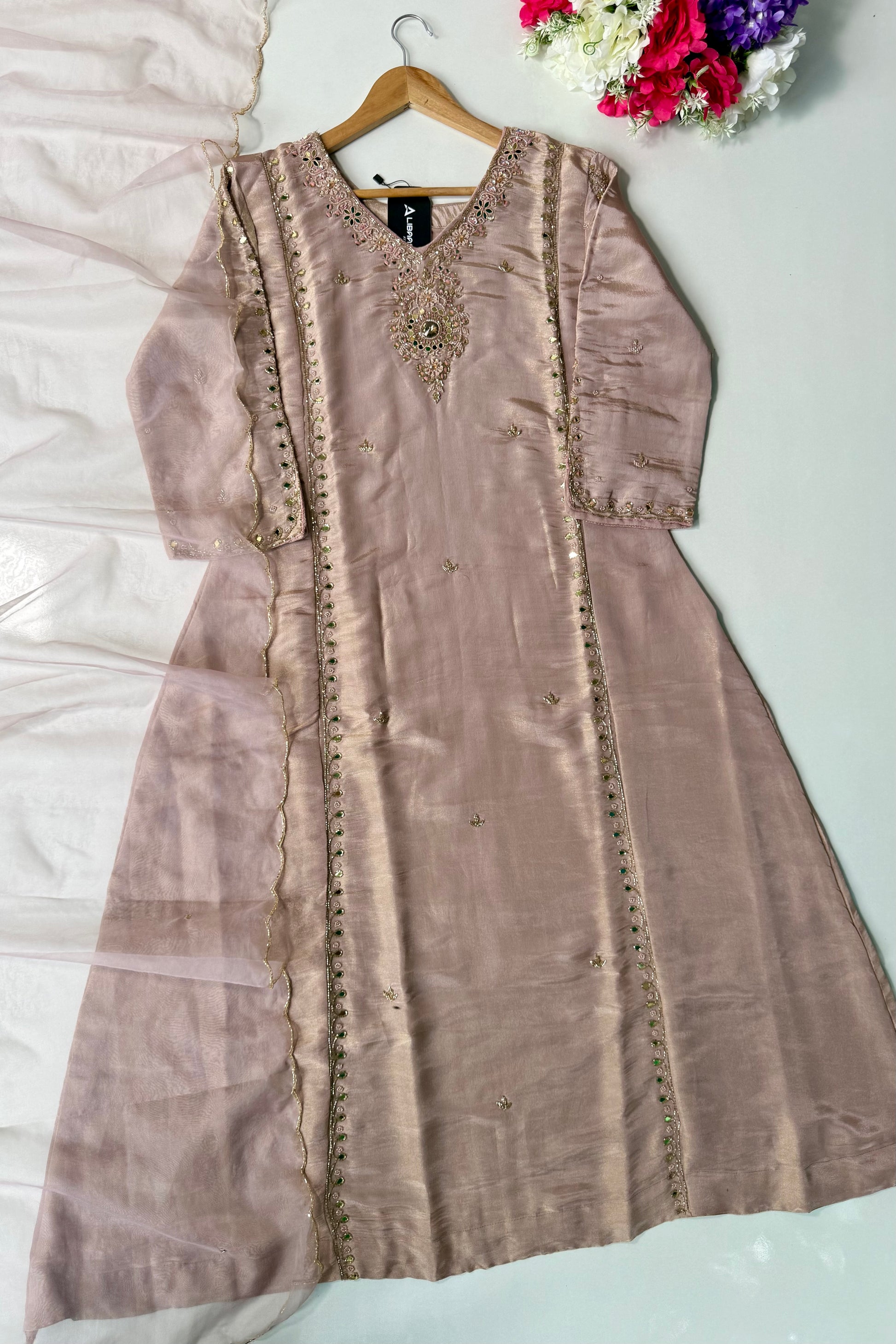 ✨Pearl – Premium Blush Mirror Work Tissue A Line Kurta Set