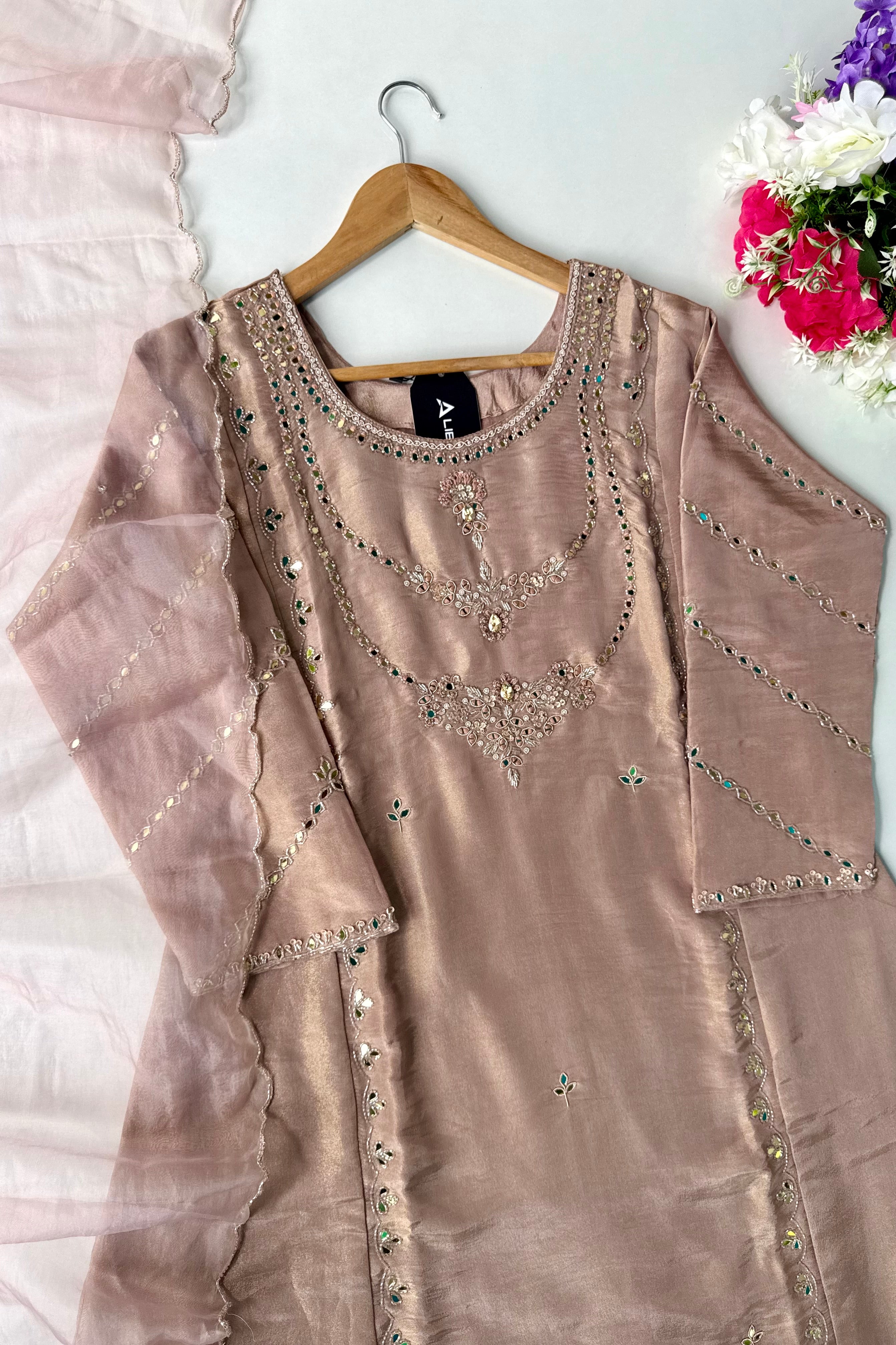 ✨Pearl – Premium Blush Mirror Work Tissue A Line Kurta Set
