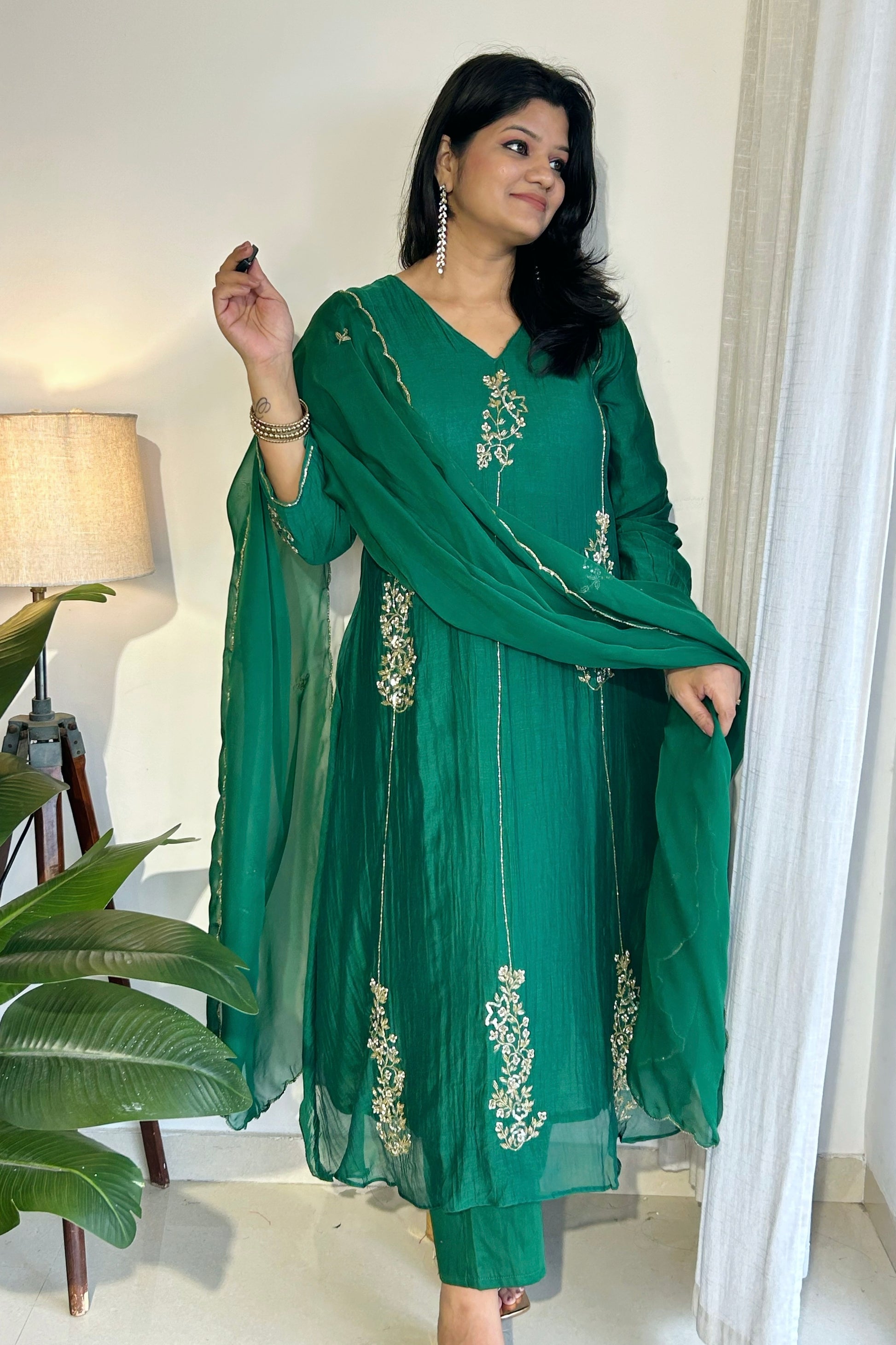 ✨”Rida - Premium Green Mul Chanderi A-Line Kurta Sets