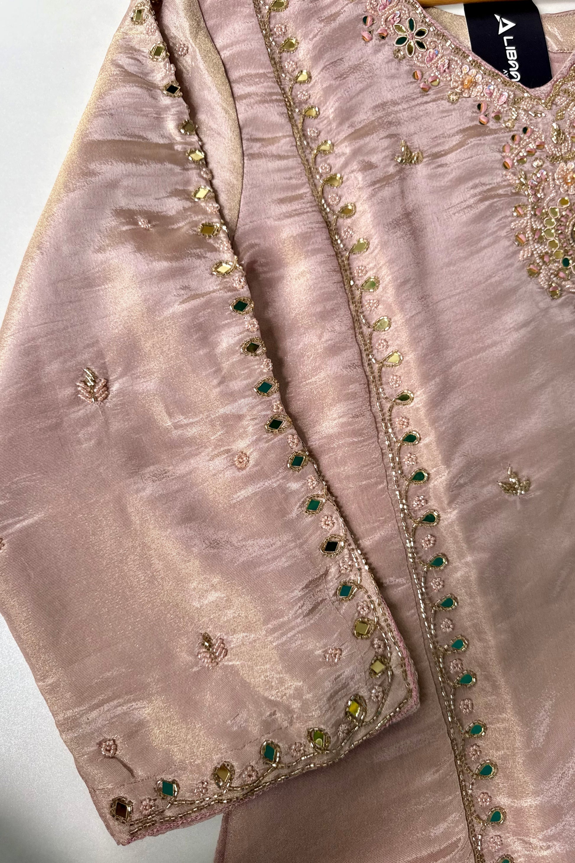 ✨Pearl – Premium Blush Mirror Work Tissue A Line Kurta Set