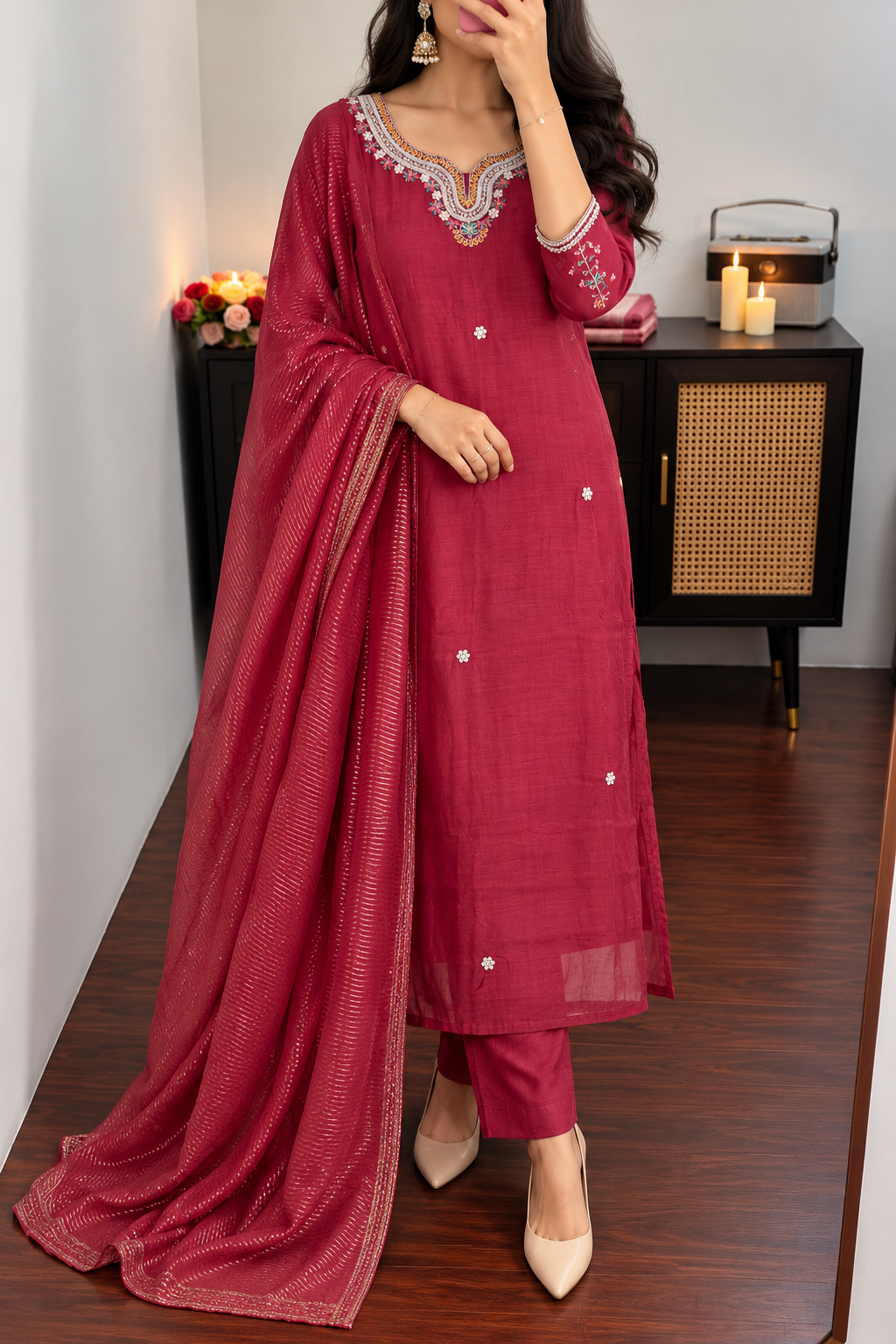 “Bindiya” Deep Rose Mul Chanderi Stright kurta set