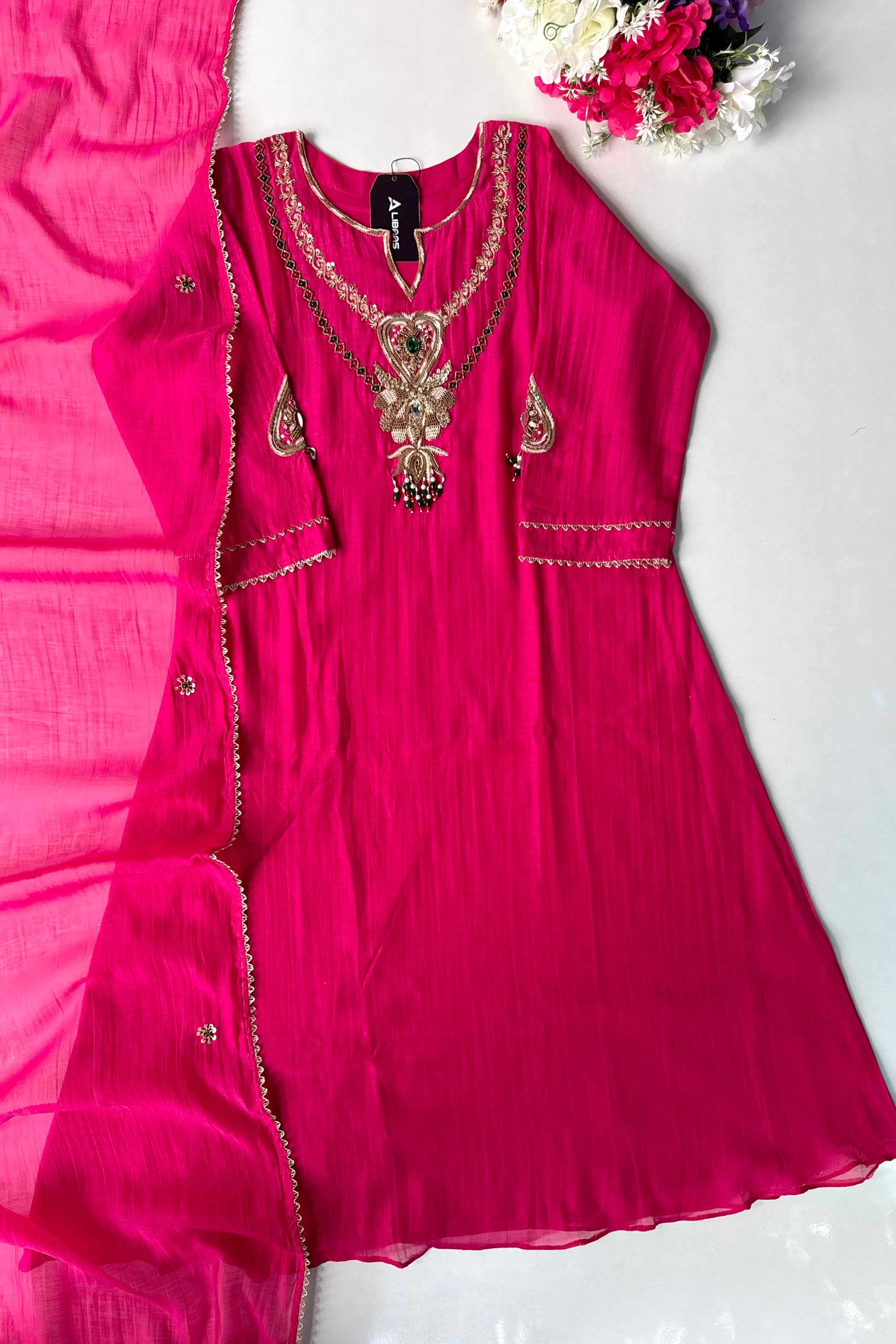 ✨”Falak - Premium Royal Pink Mul Chanderi A-Line Kurta Set
