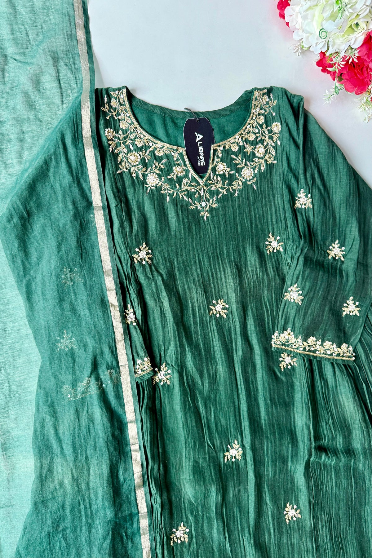 ✨Zoe - Premium Bottle Green Mul Chanderi A Line Kurta Set ✨