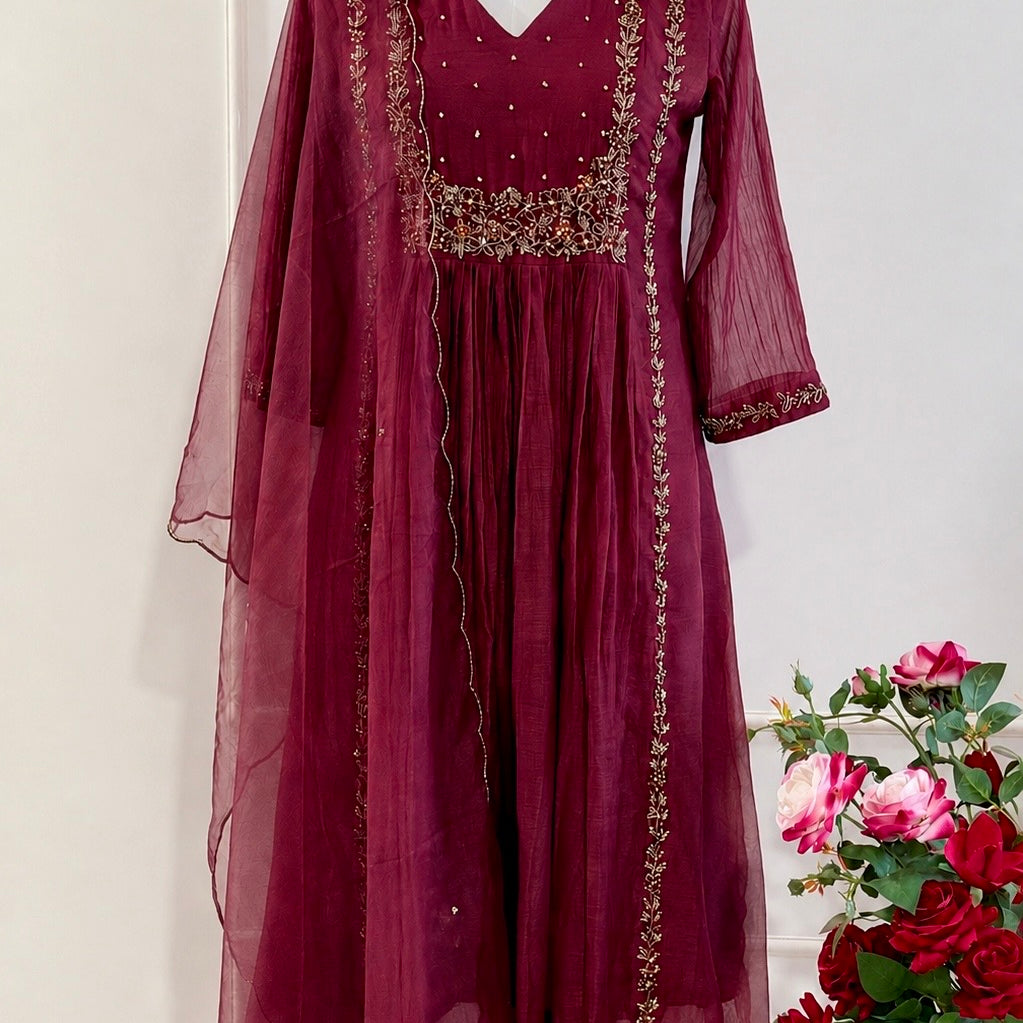 “Ayza” Premium Maroon Mul Chanderi A Line Suit set 🛍️