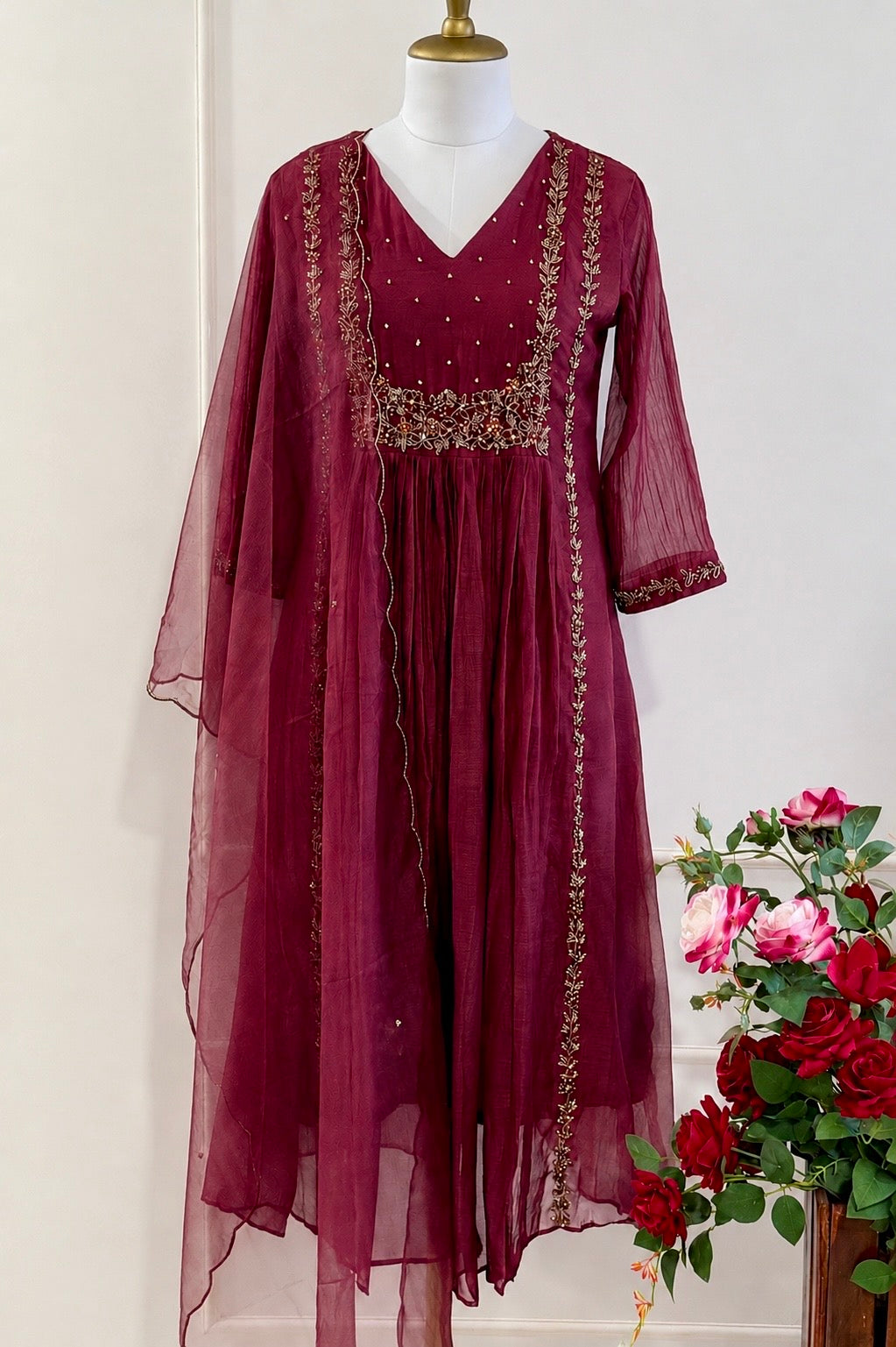 “Ayza” Premium Maroon Mul Chanderi A Line Suit set 🛍️