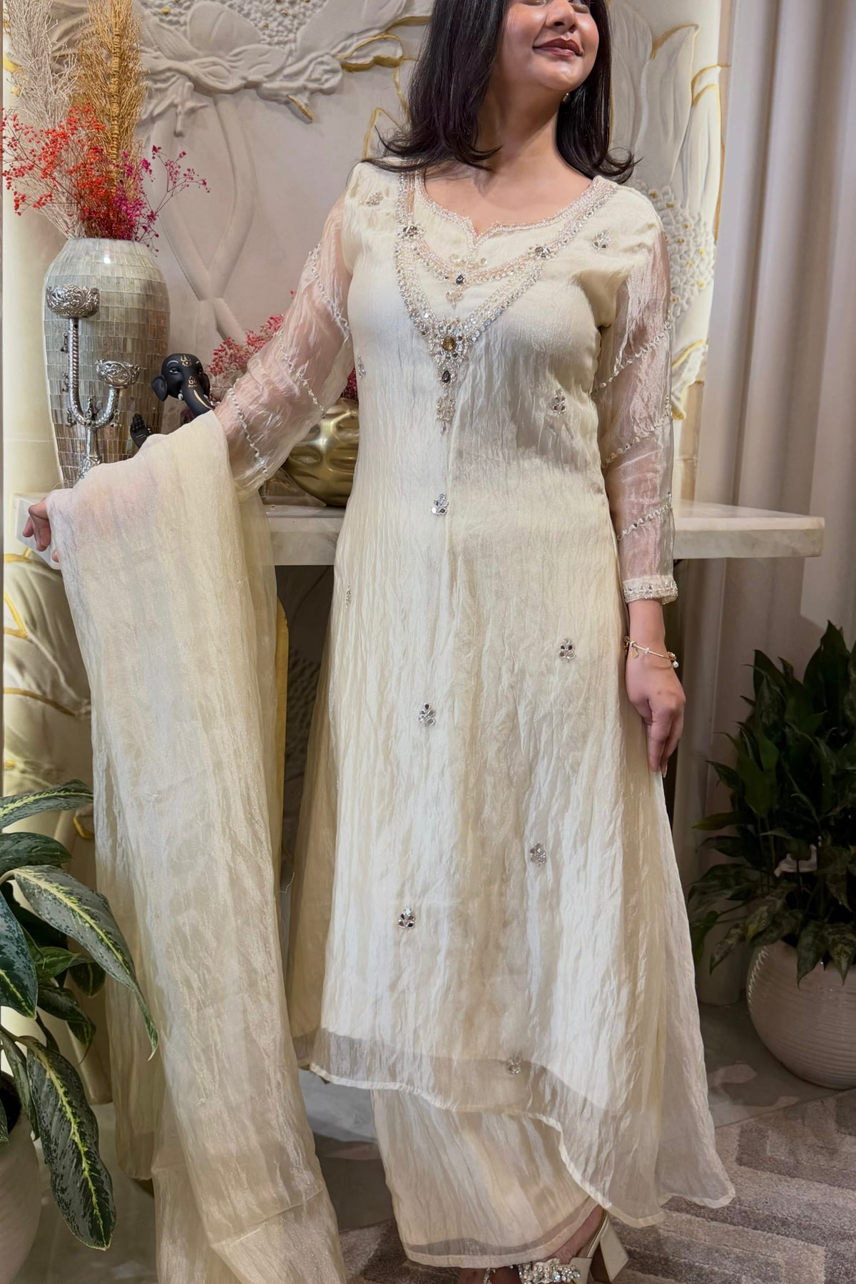 ✨Farah- Ivory Champagne Tisuse A-Line Kurta set