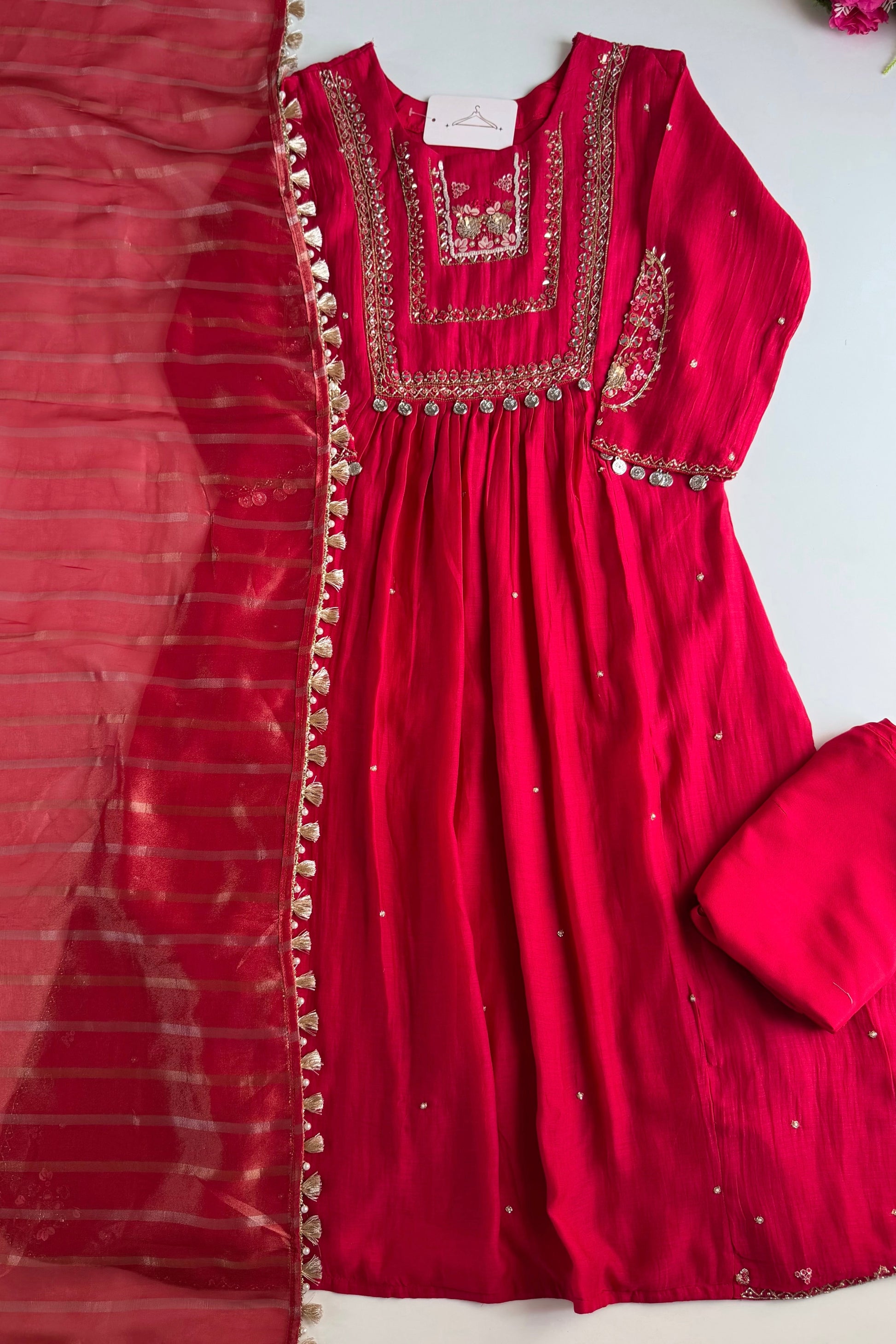 ✨”Noor - Premium Red Mul Chanderi A-Line Kurta Set