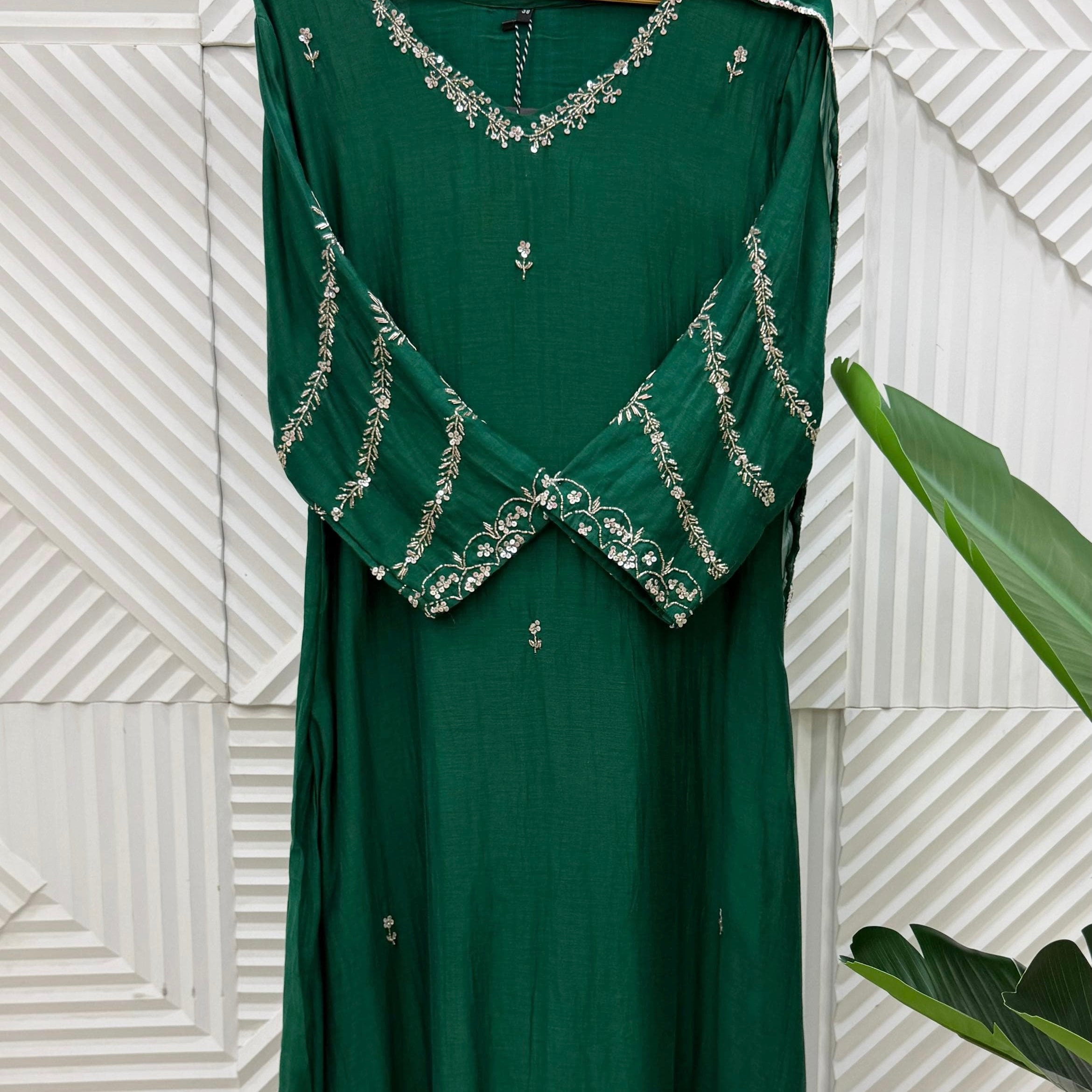 ✨”Eshal - Premium Green Mul Chanderi A-Line Kurta Set