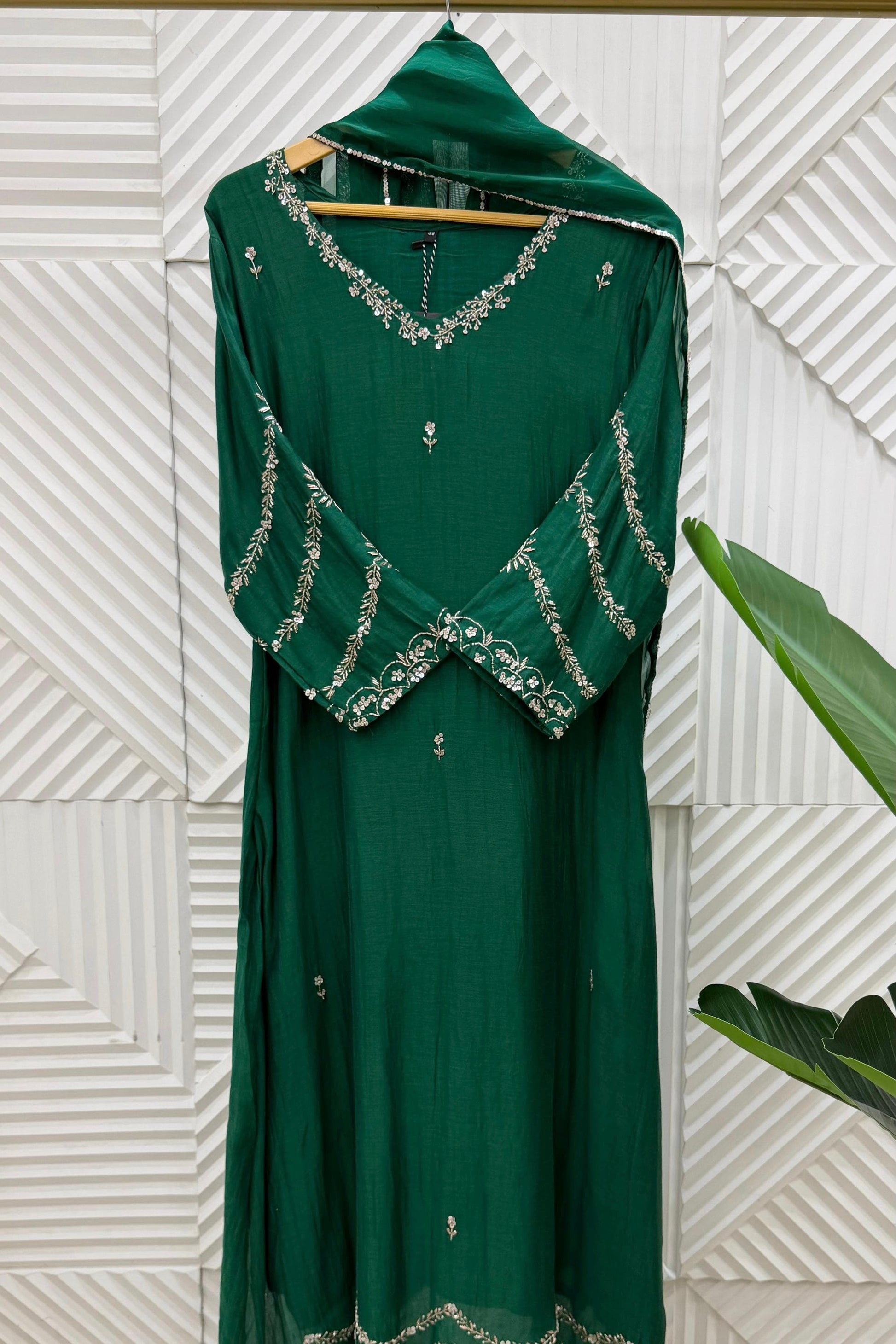 ✨”Eshal - Premium Green Mul Chanderi A-Line Kurta Set