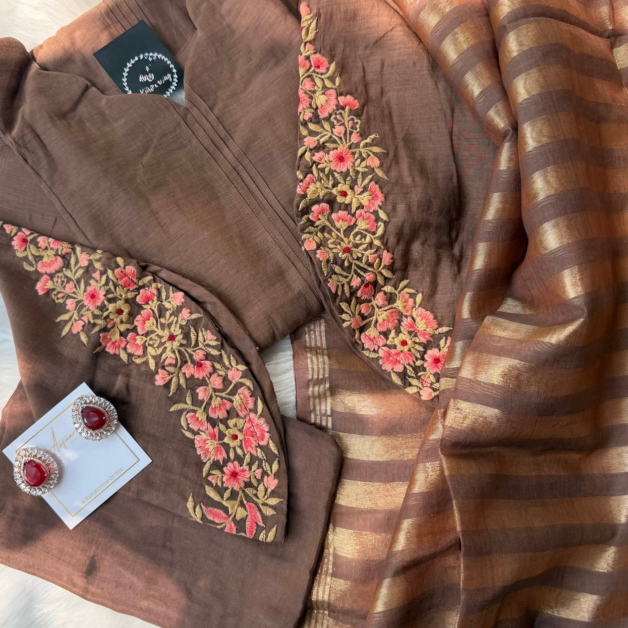 🛍️”Az021 – Premium Coffe Brown Mul Chanderi A Line Kurta Set