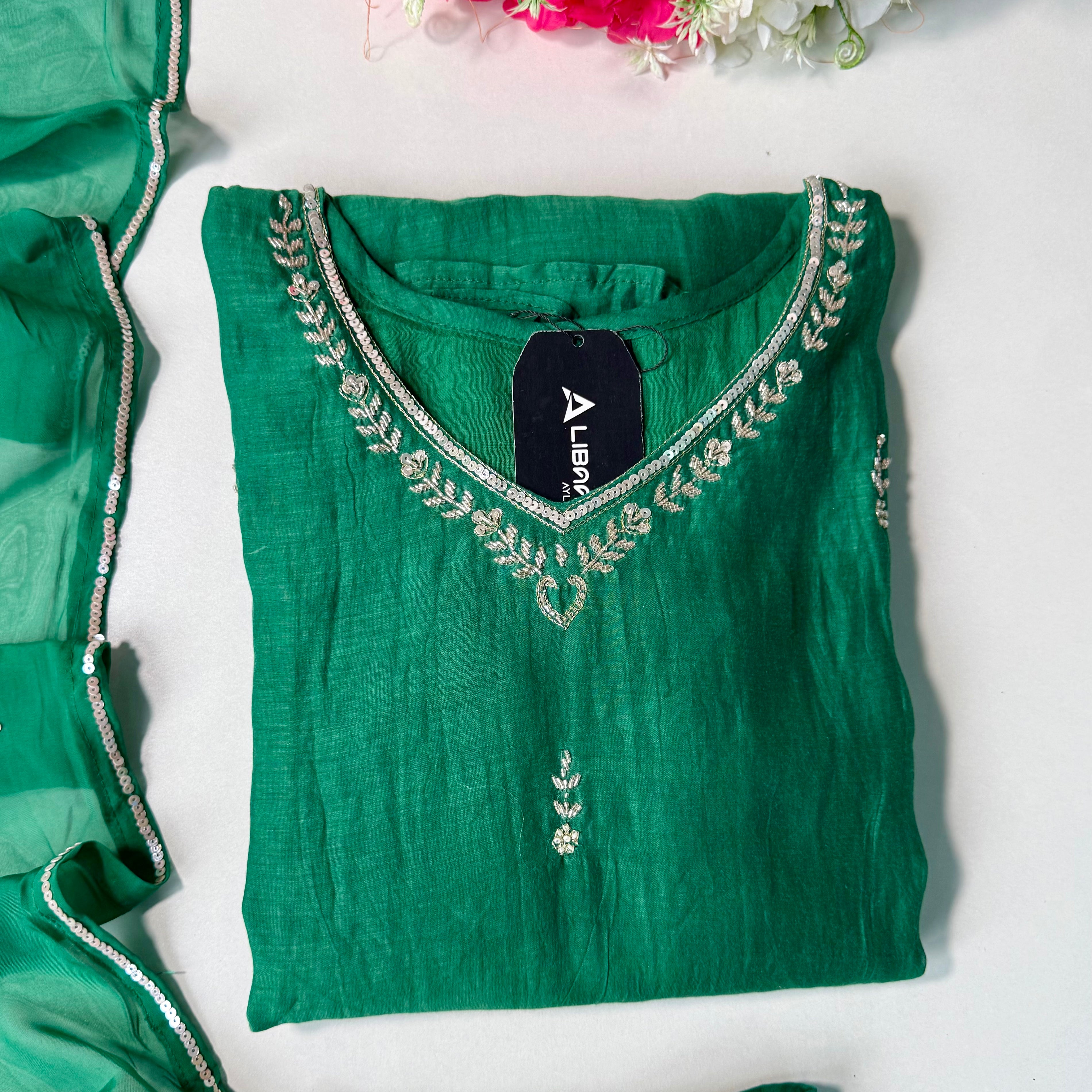 ✨”Eshal - Premium Green Mul Chanderi A-Line Kurta Set
