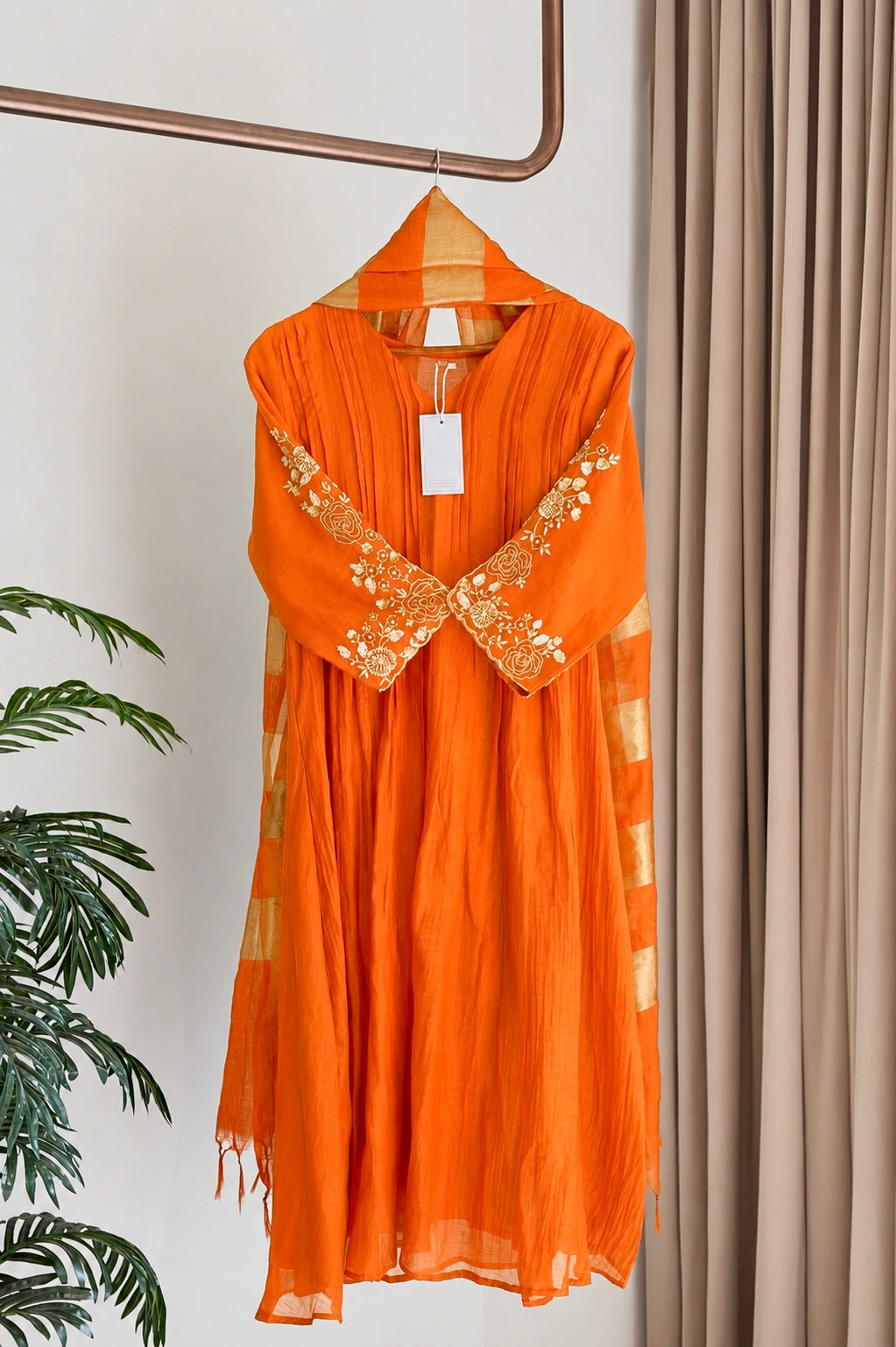 🛍️”Az025 – Premium Orange Banaras Mul Chanderi A Line Kurta Set