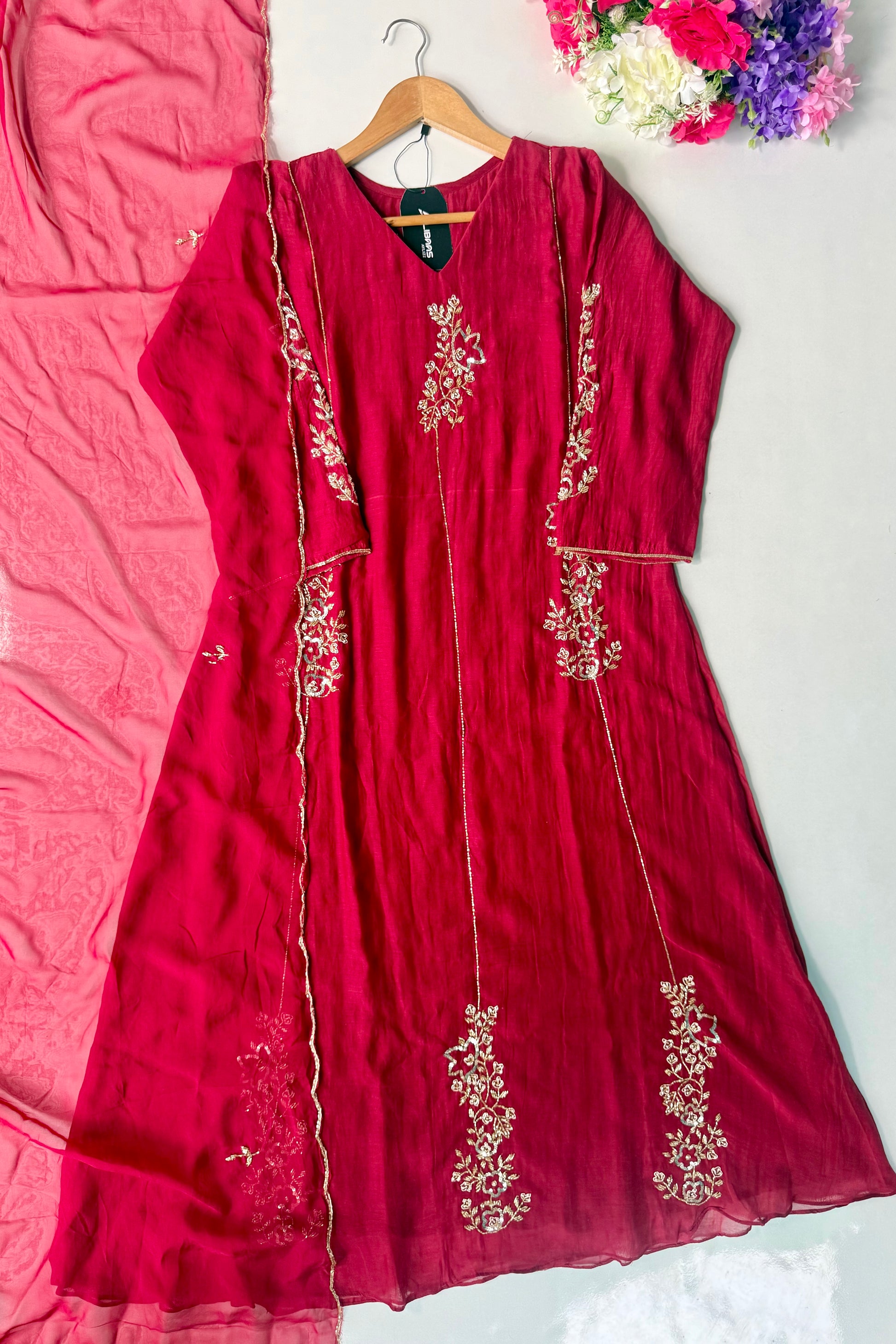 ✨”Rida - Premium Red Mul Chanderi A-Line Kurta Set