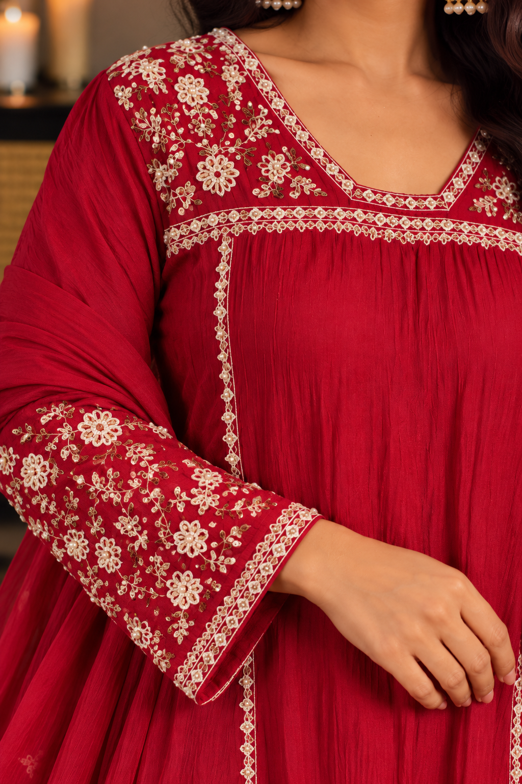 Roz- Premium Red Mul Chanderi A Line Kurta Set ✨