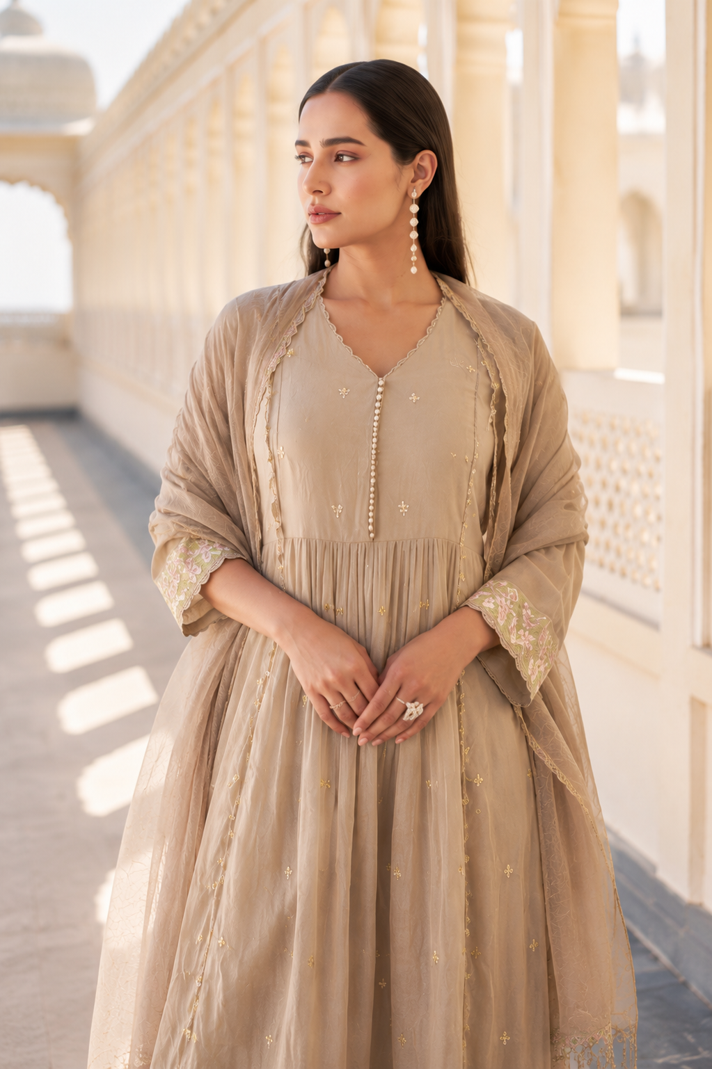 “Sana” Premium Sand Beige Cotton Embroidered Anarkali kurta set