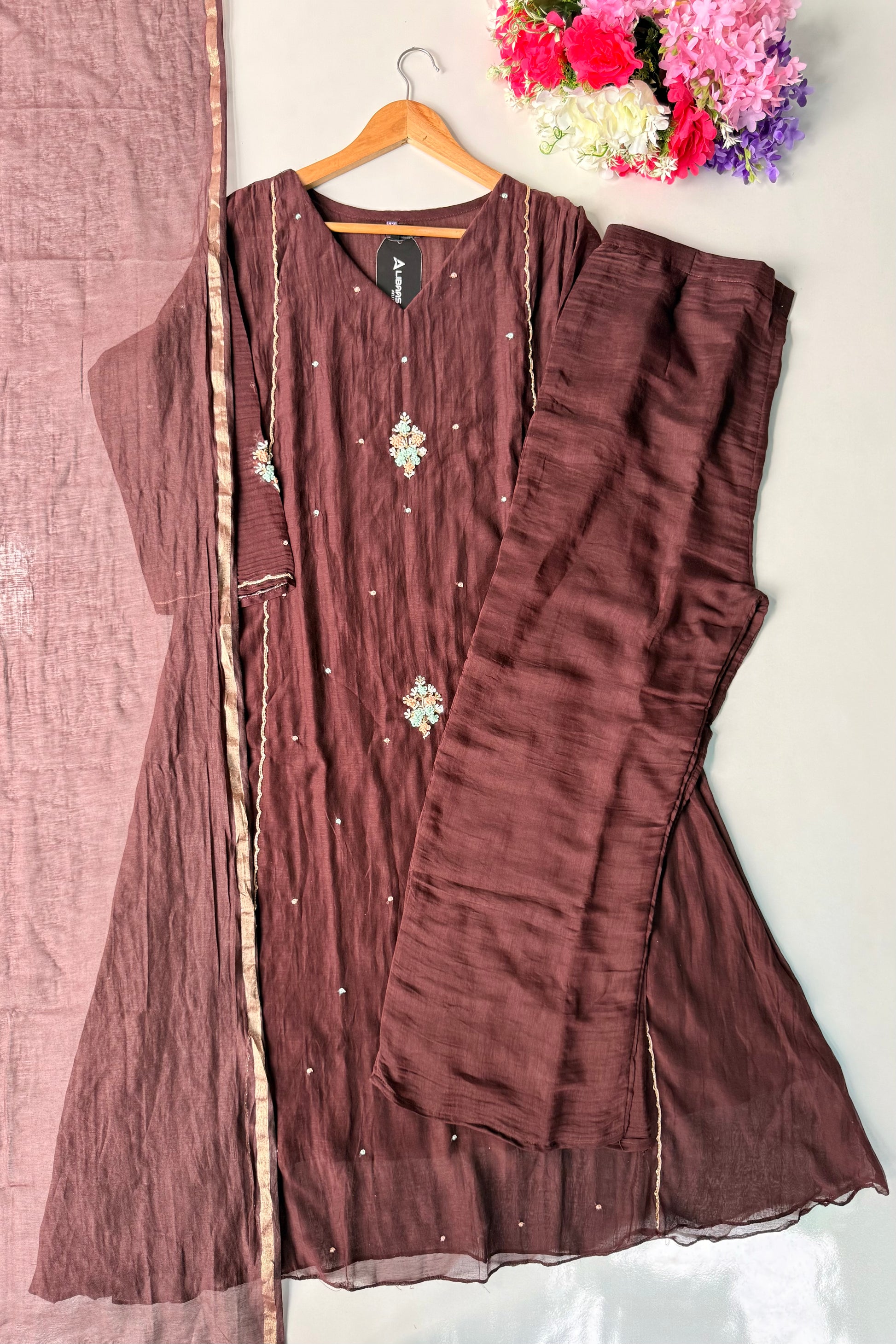 ✨Myra - Brown Mul Chanderi A-Line Anarkali Kurta set