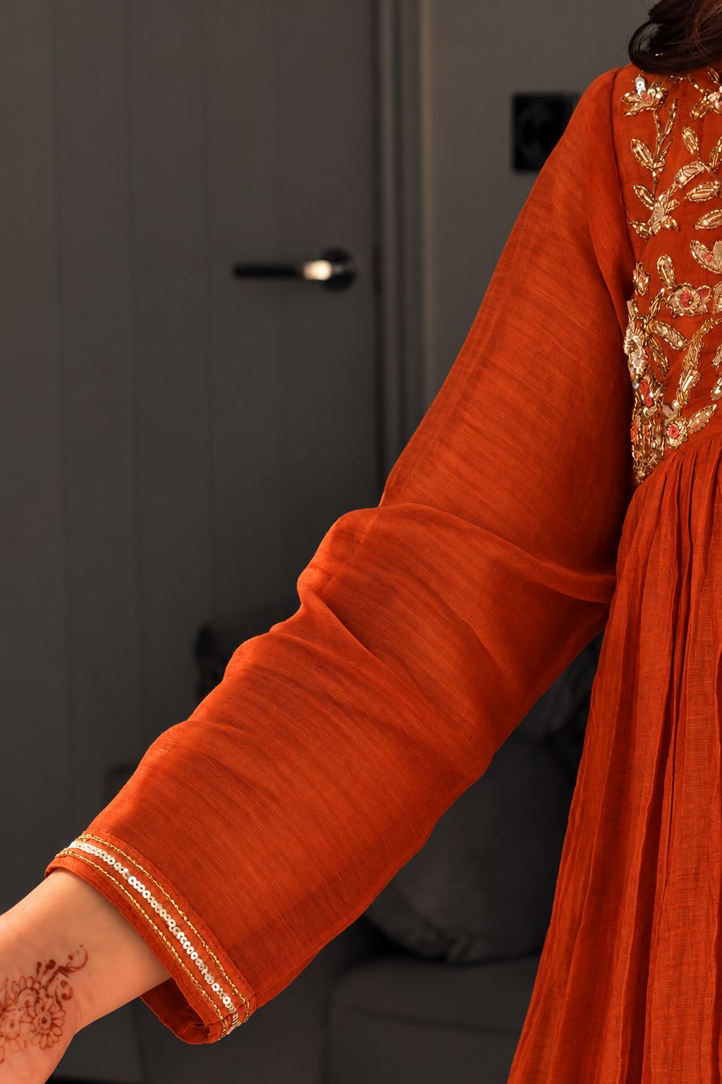 ✨”Mahek-Rust Orange Mul Chanderi A-Line Kurta Set✨