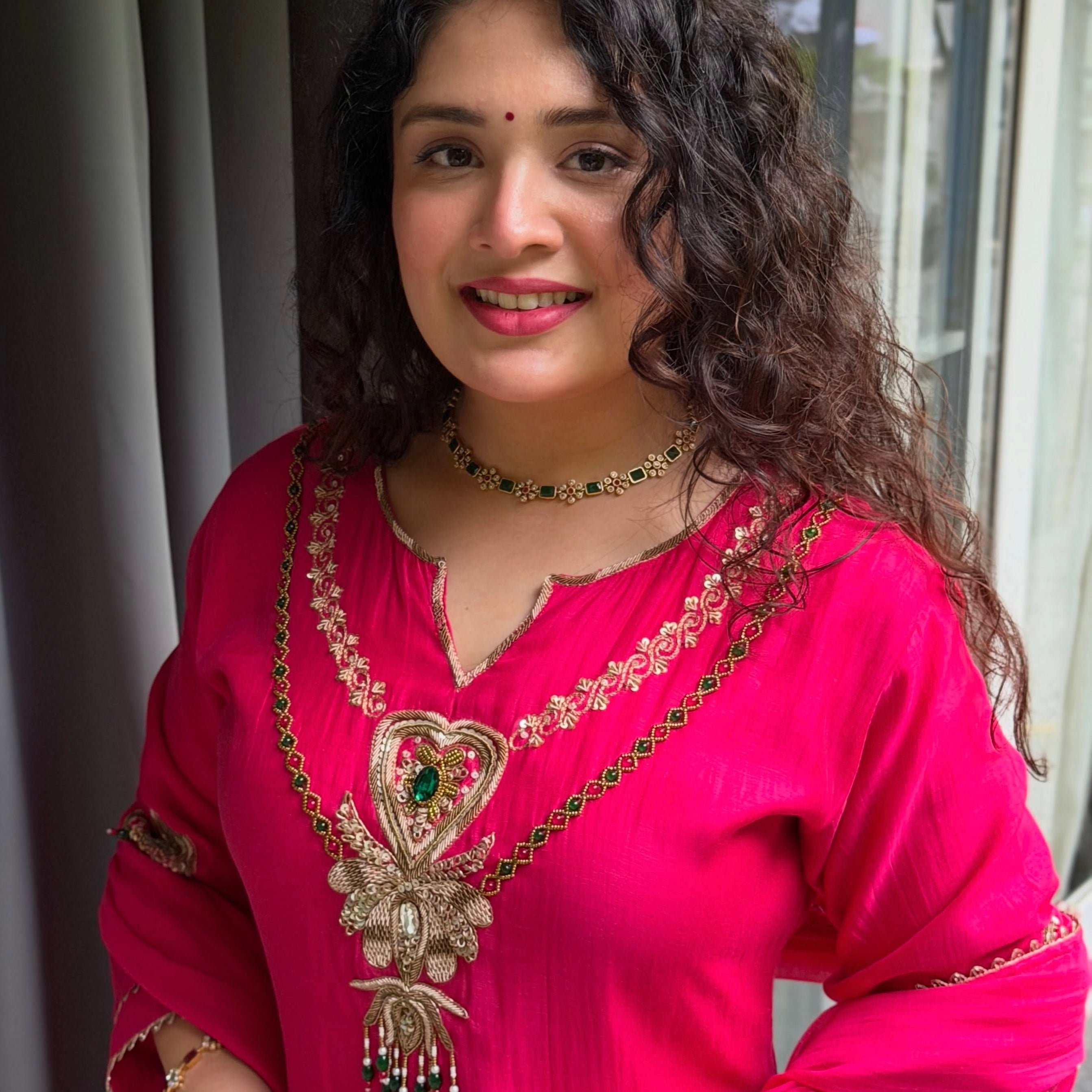 ✨”Falak - Premium Rani Mul Chanderi A-Line Kurta Set