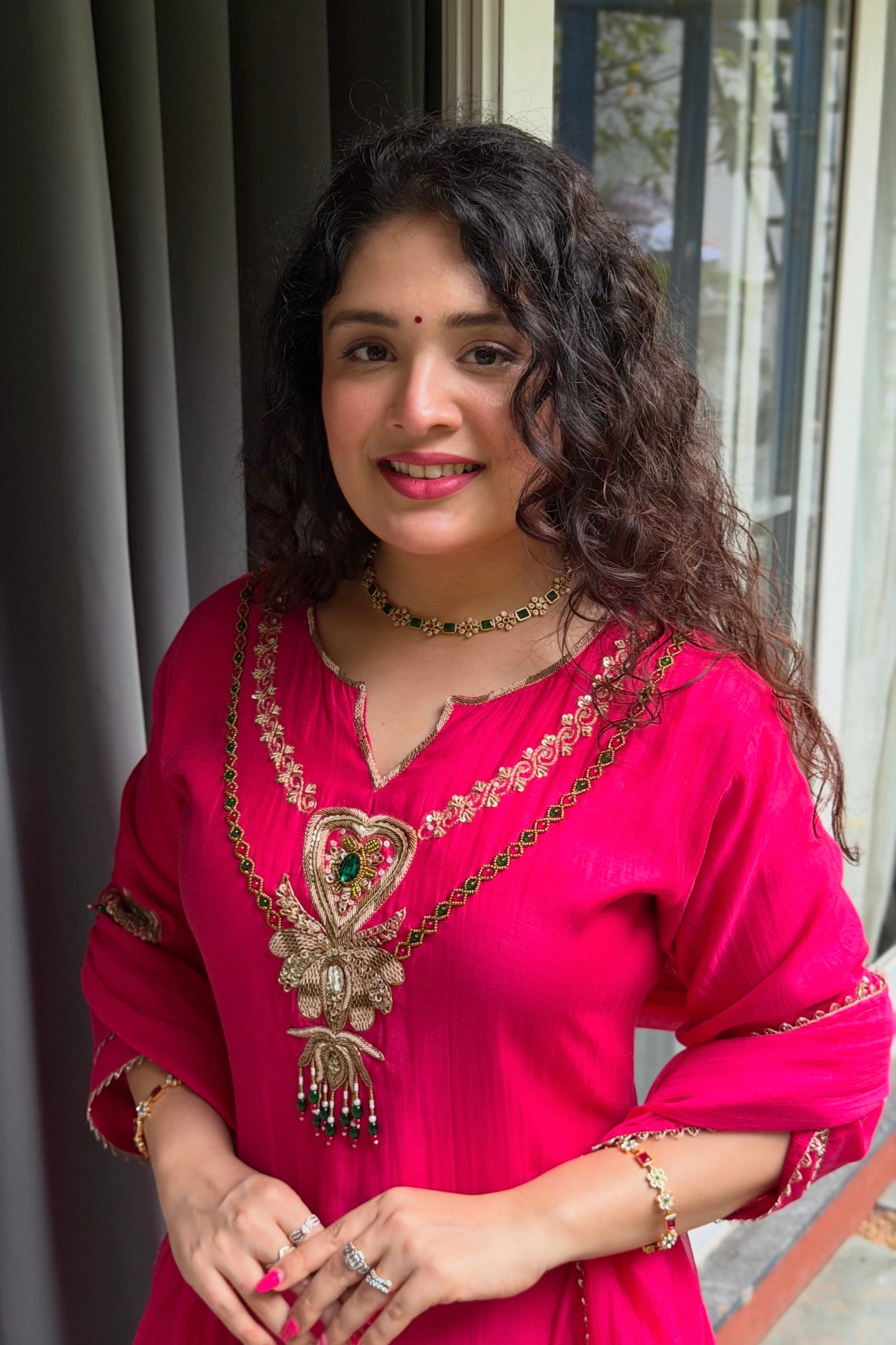 ✨”Falak - Premium Rani Mul Chanderi A-Line Kurta Set