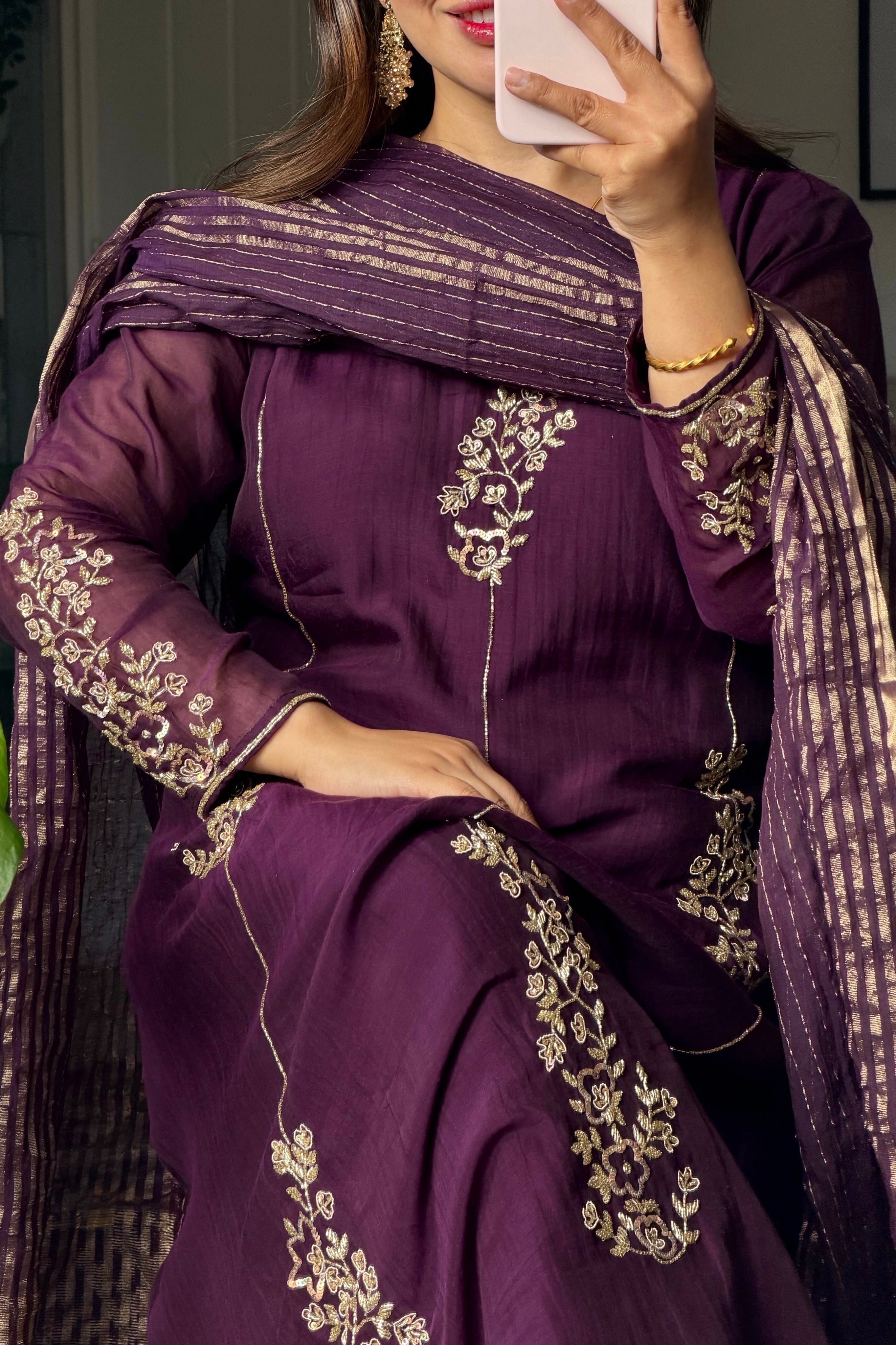 ✨Rida - Premium Purple Mul Chanderi A-Line Kurta Set