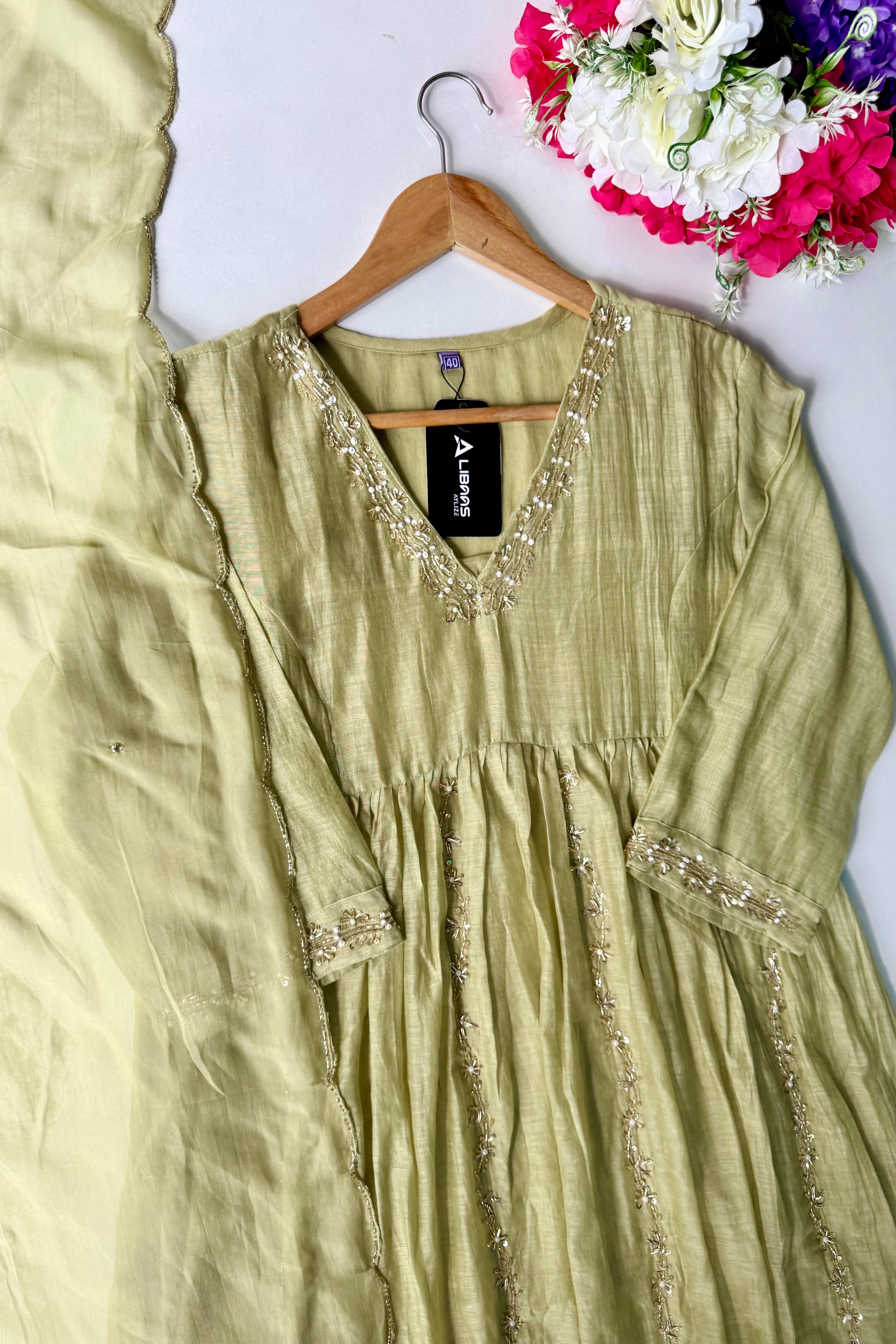 ✨Florence - Olive Pistachio Mul Chanderi Anarkali Suit set 🛍️