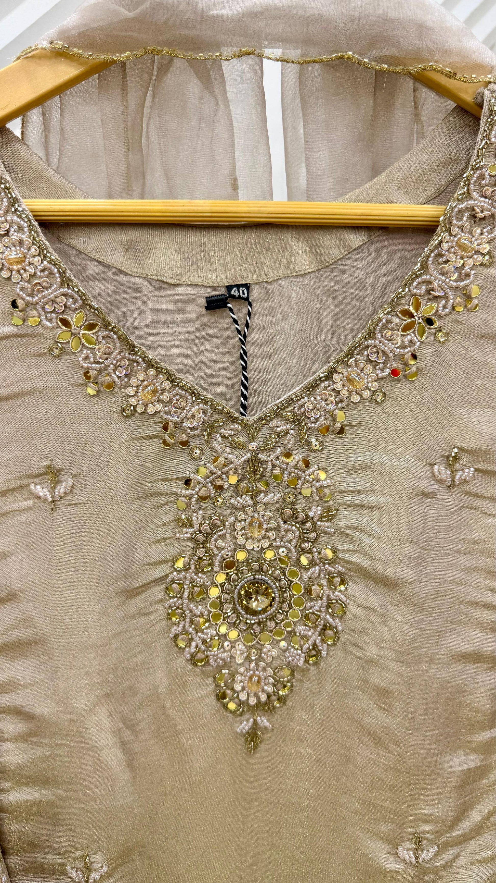 ✨Pearl – Premium Blush Mirror Work Tissue A Line Kurta Sets