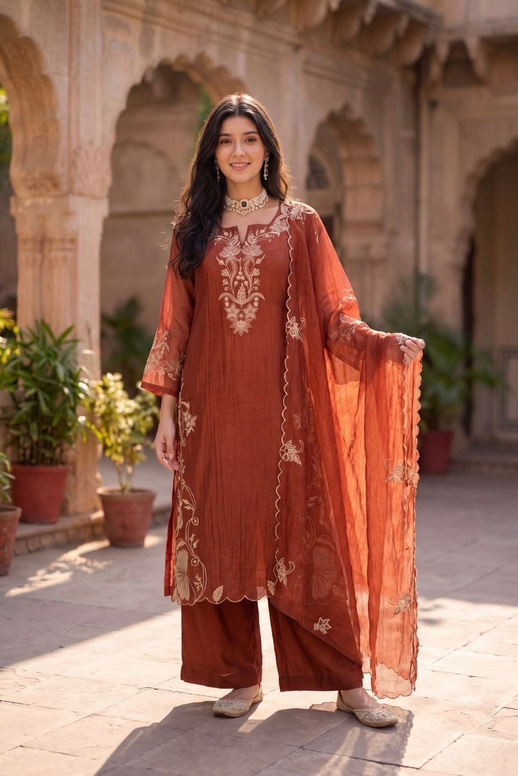✨Navira - Rust Banaras mul chanderi Embroidered Straight Kurta Set