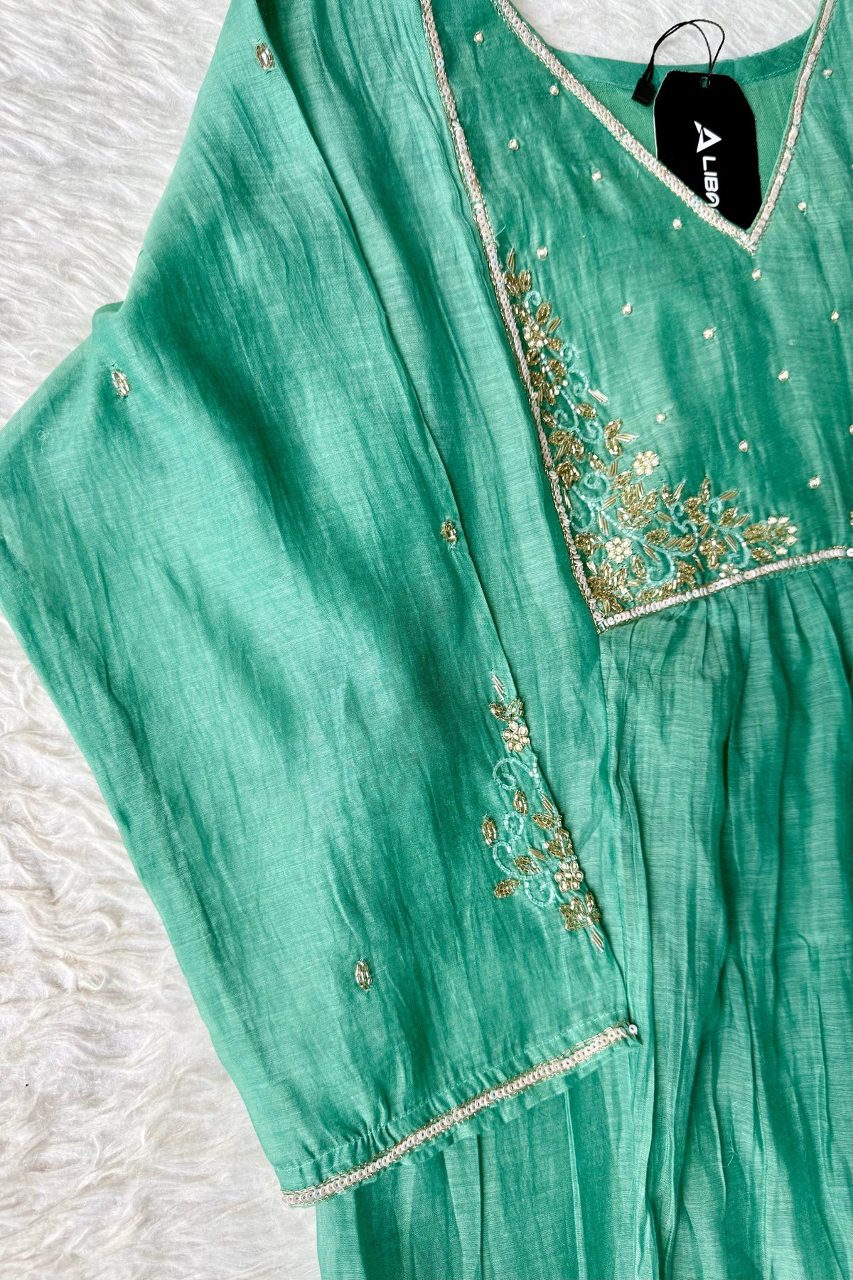 ✨ Gulnoor – Green Mul Chanderi A-Line Kurta Set with Dupatta