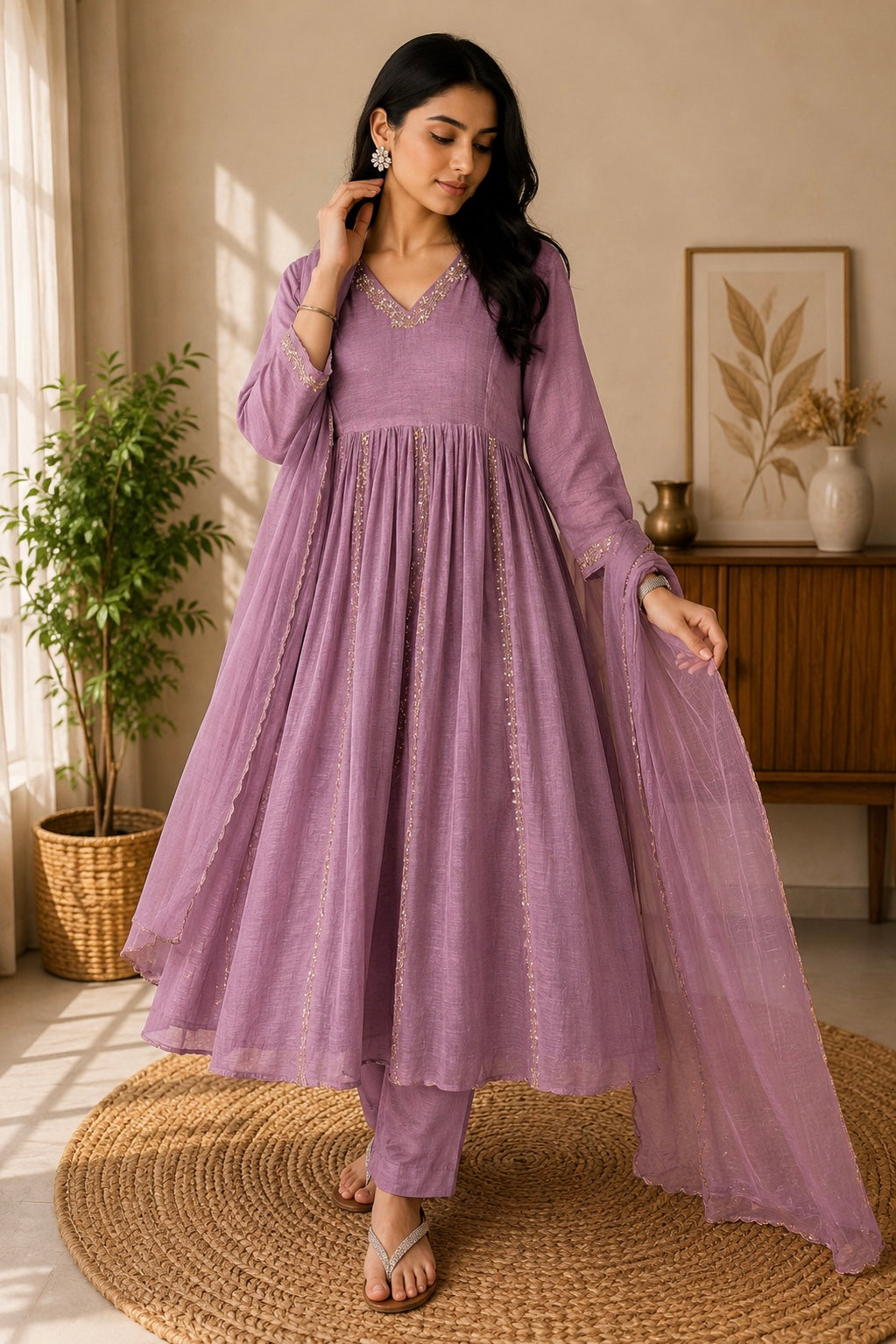 ✨Florence - Mauve Rosewood Mul Chanderi Anarkali Suit set 🛍️